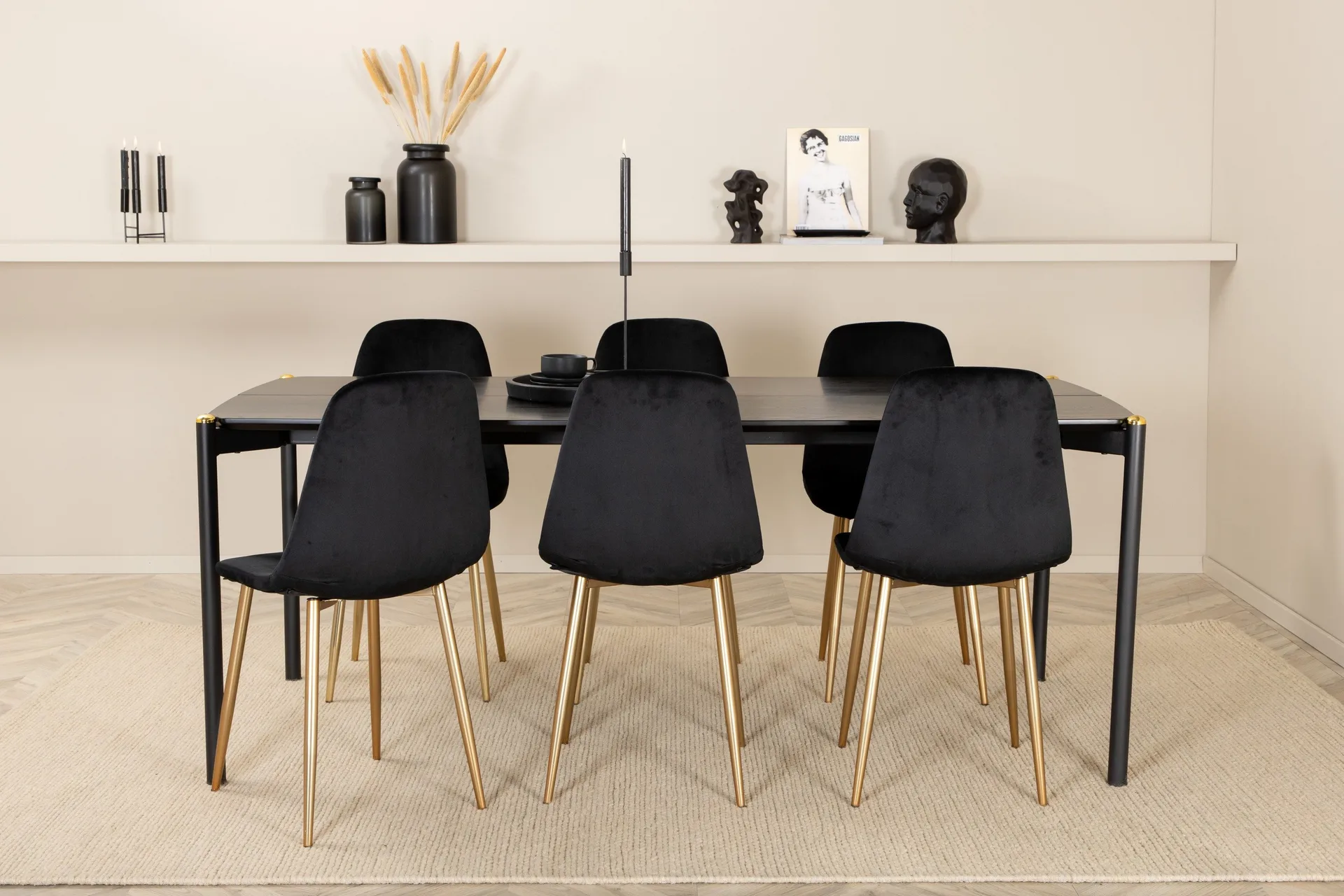 Pelle Matgrupp 190 cm Rektangul&auml;r med 6 Polar stolar - Svart/Guld