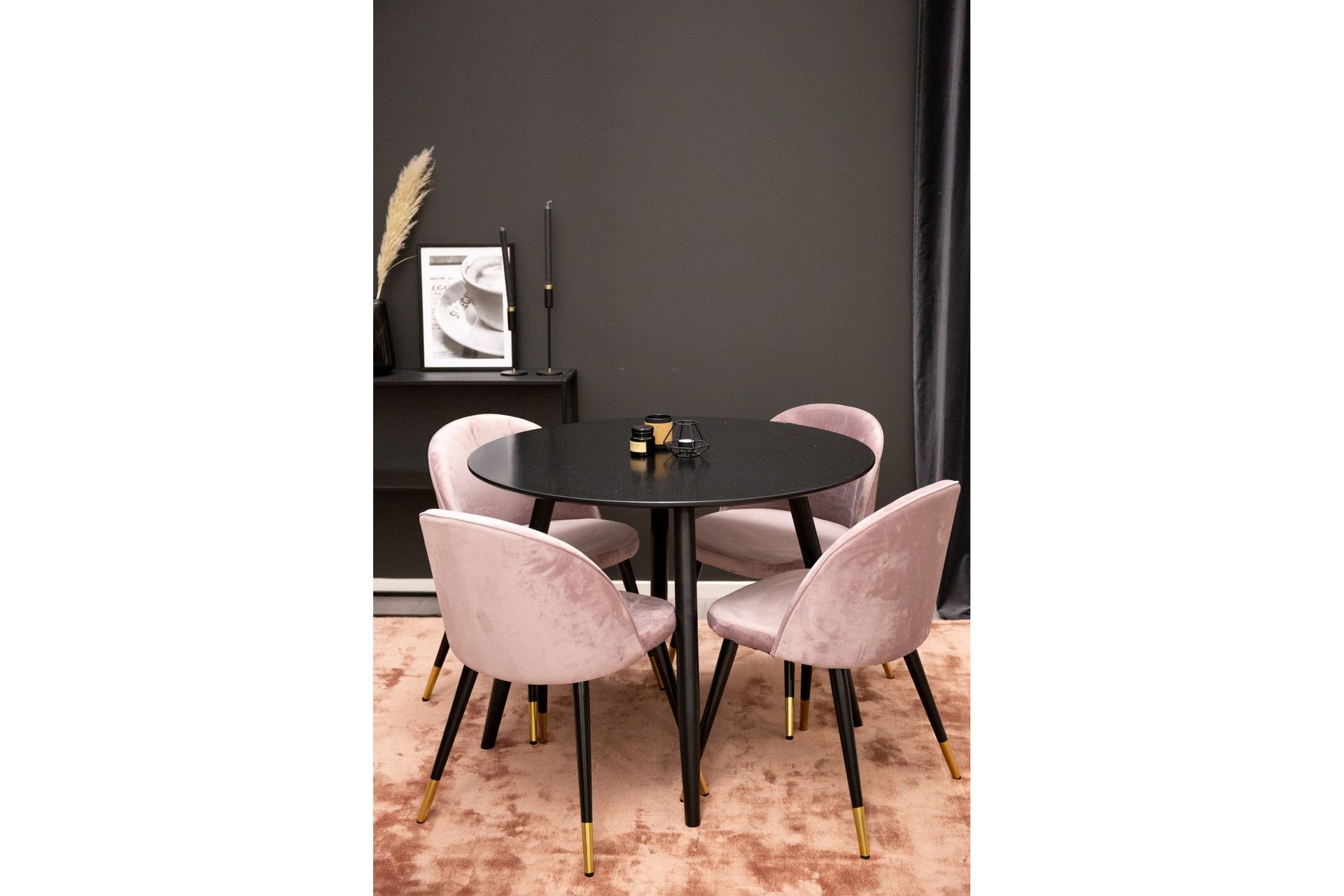 Plaza Matgrupp 100 cm Rund med 4 Velvet stolar - Svart