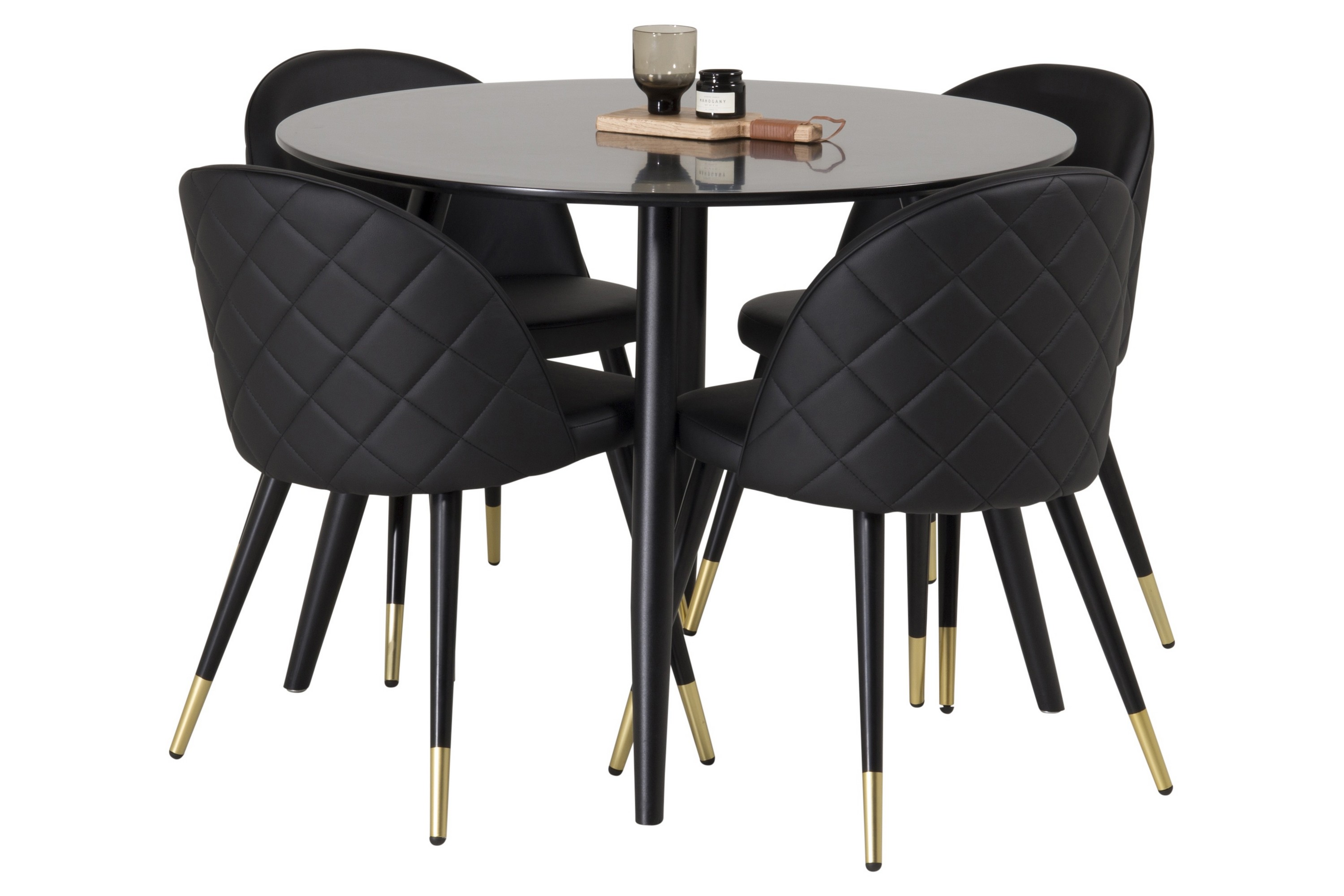 plaza matgrupp 100 cm rund med 4 velvet stolar - svart/guld