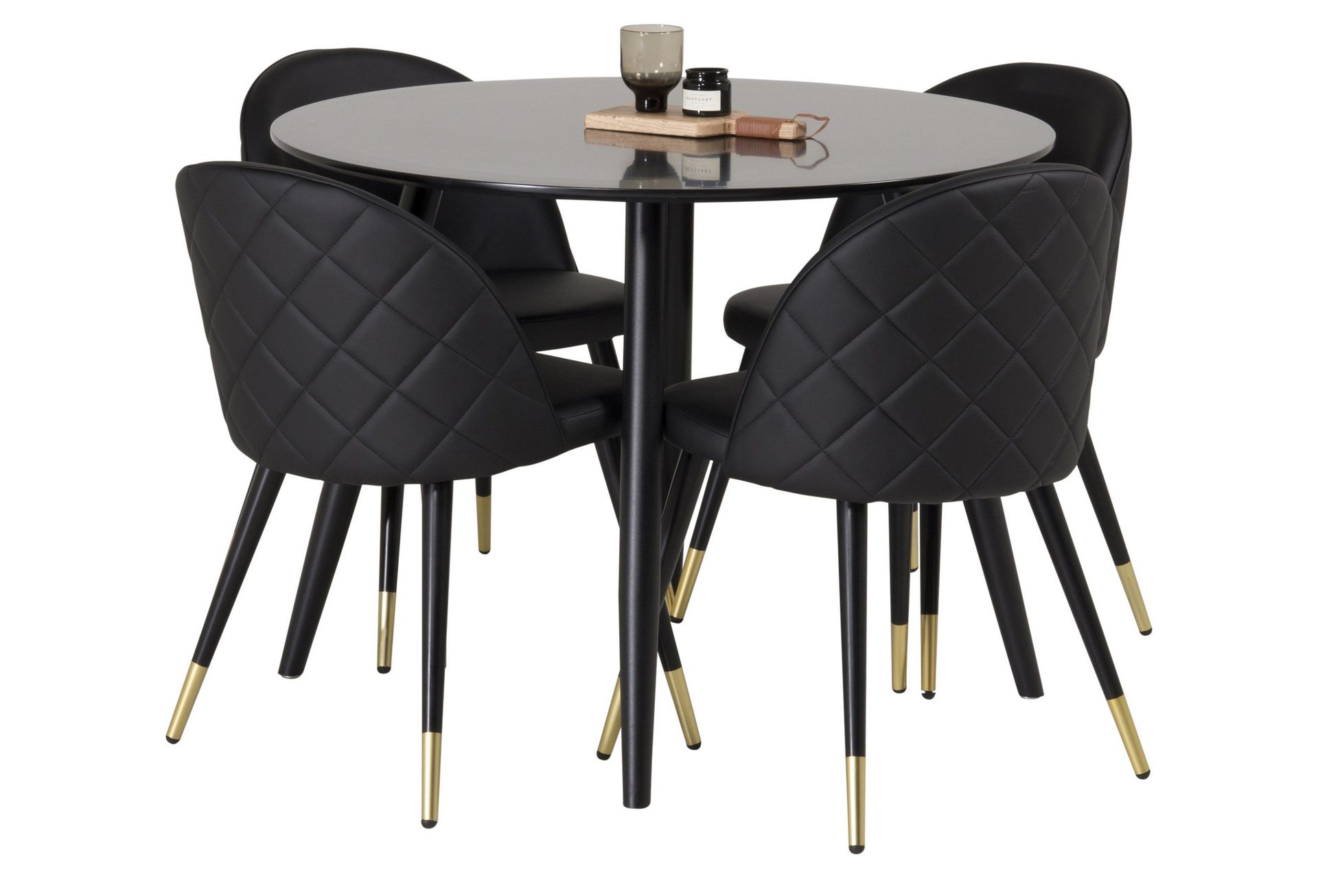 Plaza Matgrupp 100 cm Rund med 4 Velvet stolar - Svart/Guld