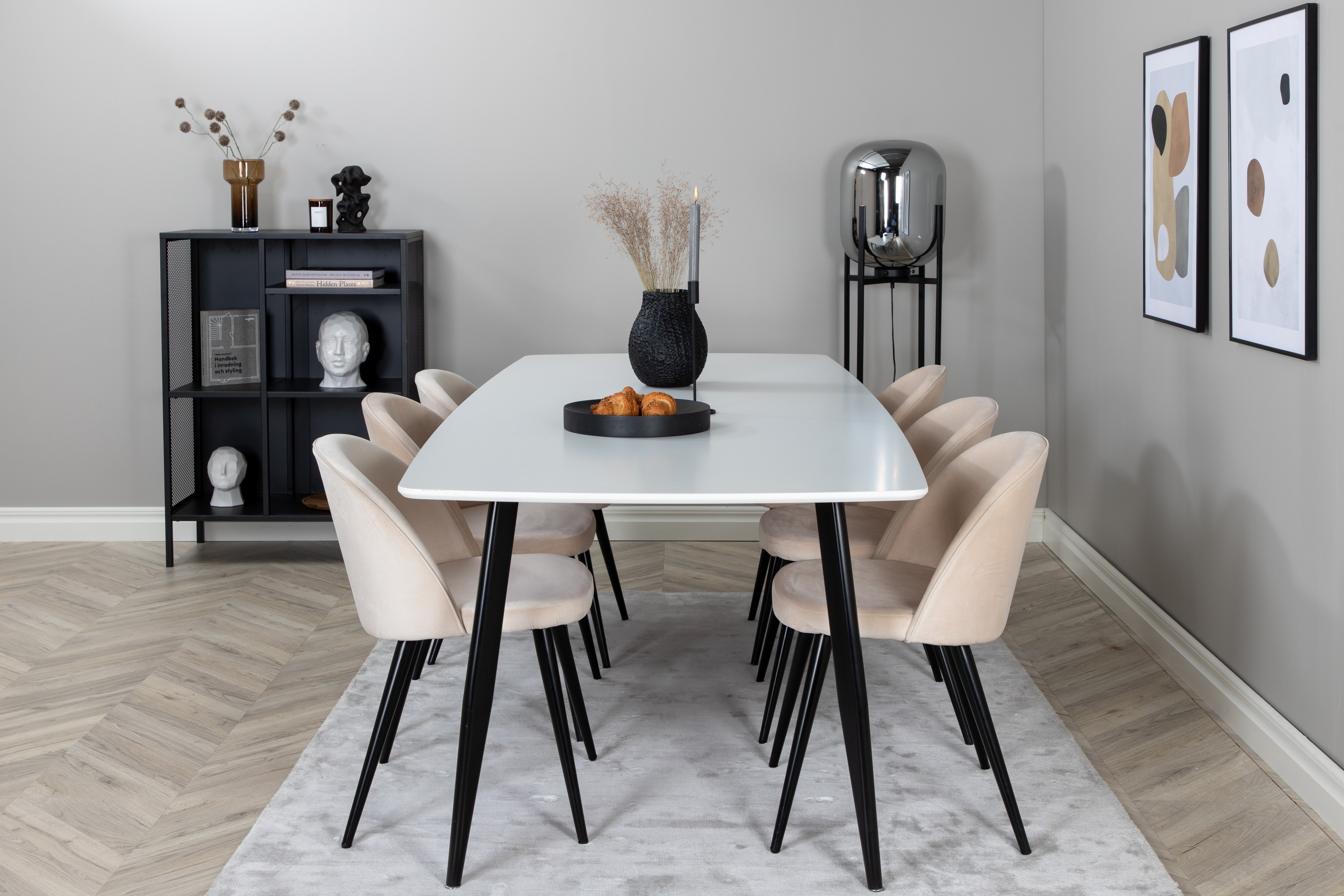 polar matgrupp 240 cm rektangulär med 6 velvet stolar - beige