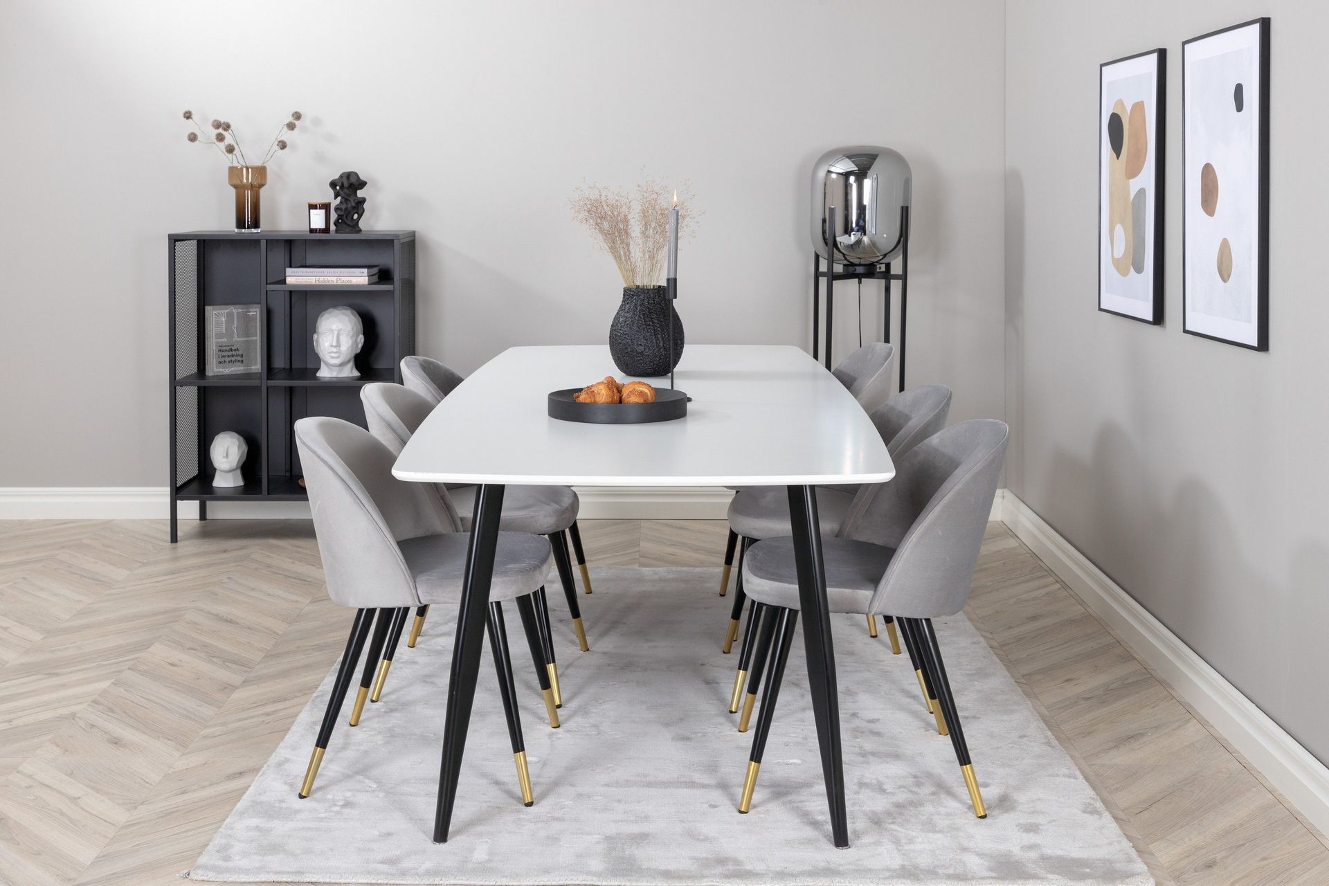 polar matgrupp 240 cm rektangulär med 6 velvet stolar - svart/guld