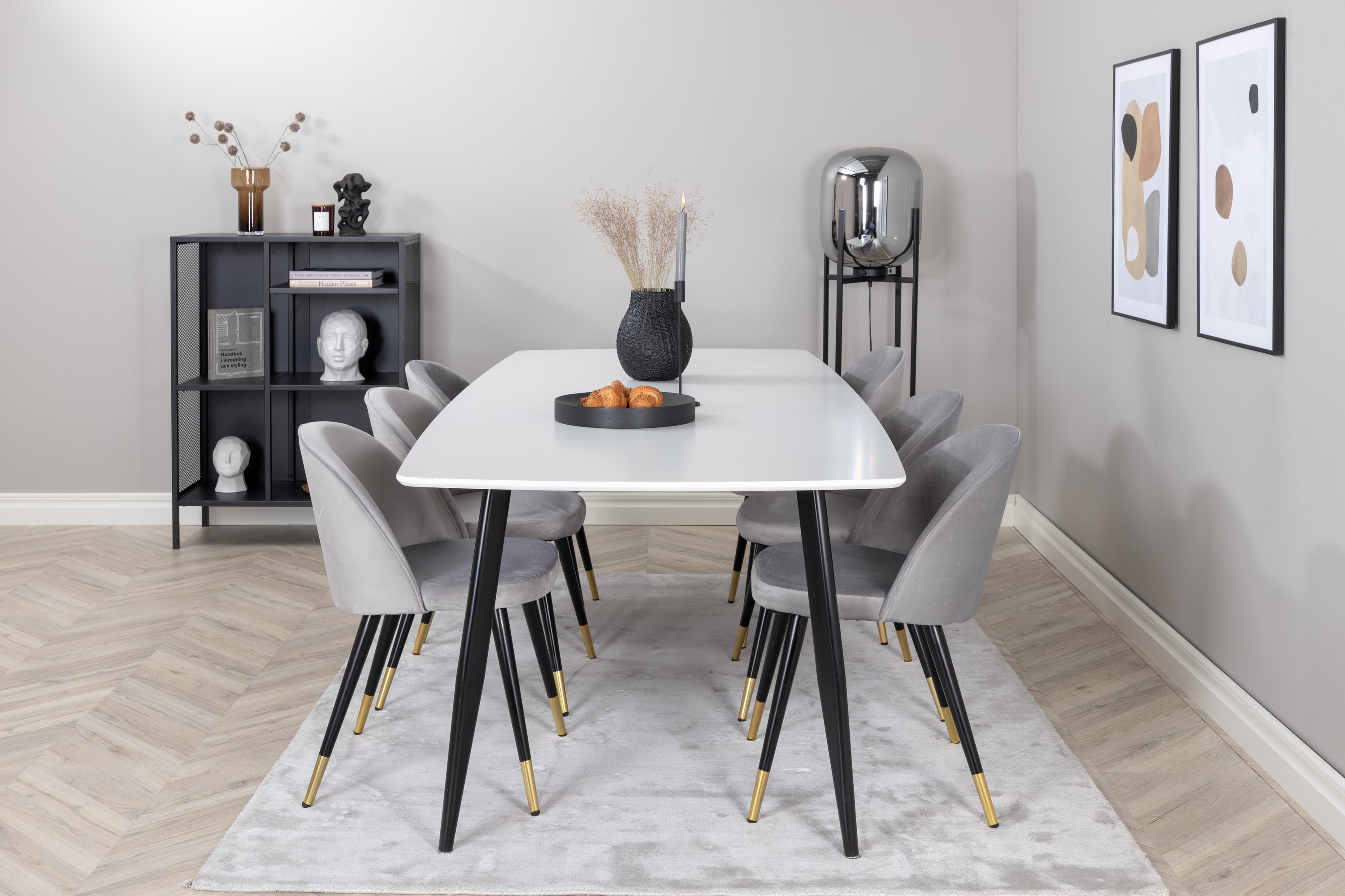 polar matgrupp 240 cm rektangulär med 6 velvet stolar - svart/guld