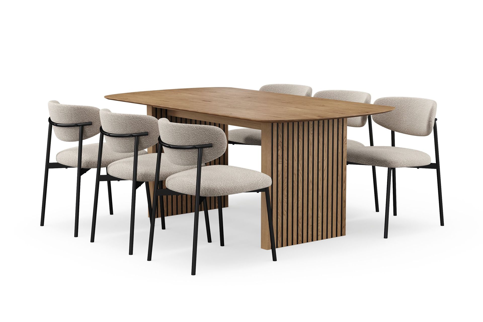 Richeto Matbord 180 cm med 6 Lucy Matstolar - Naturlig finish / Greige Bouclé / Metallben Svart