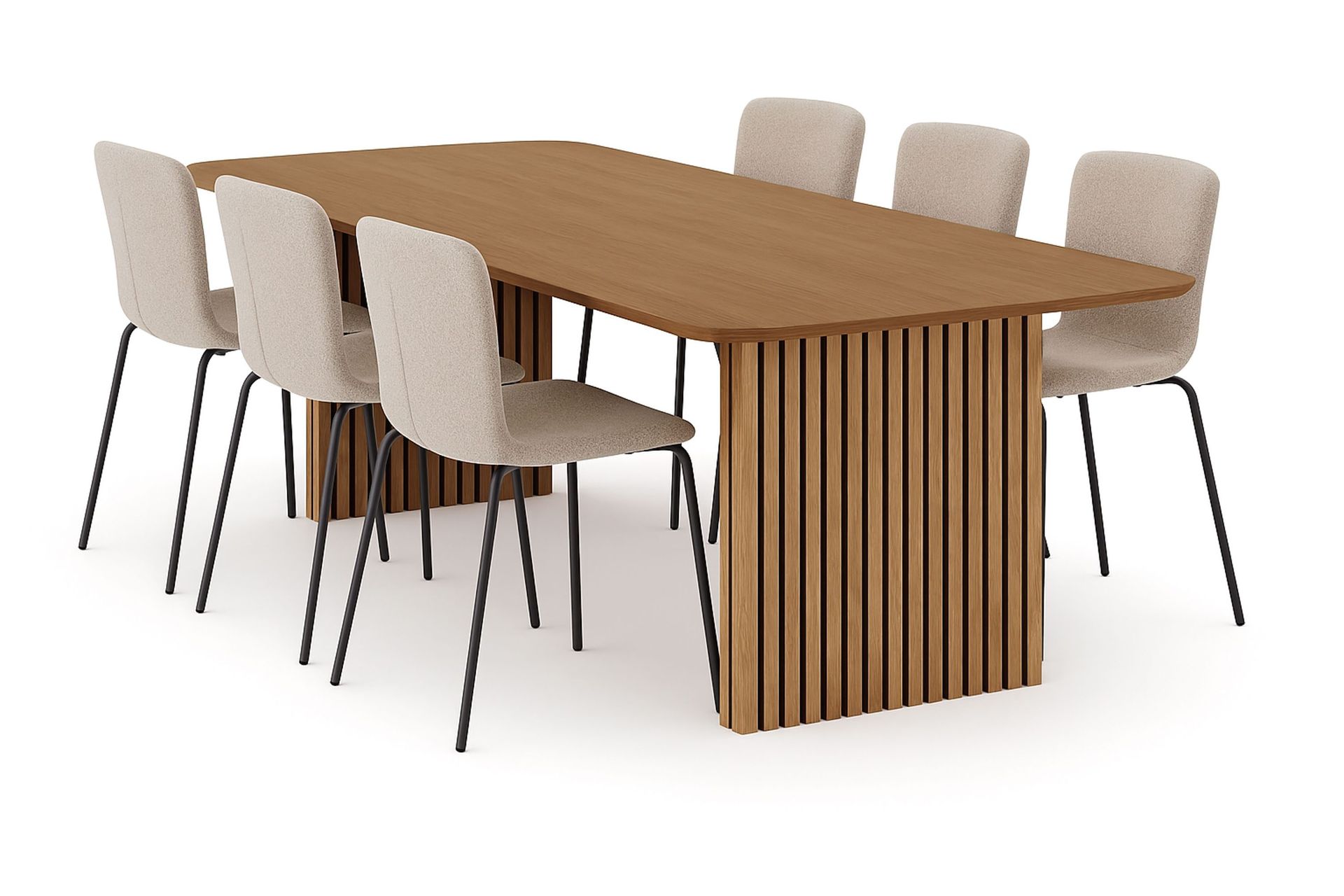 Richeto Matbord 240 cm med 6 Katy Matstolar - Naturlig finish / Greige Bouclé / Metallben Svart
