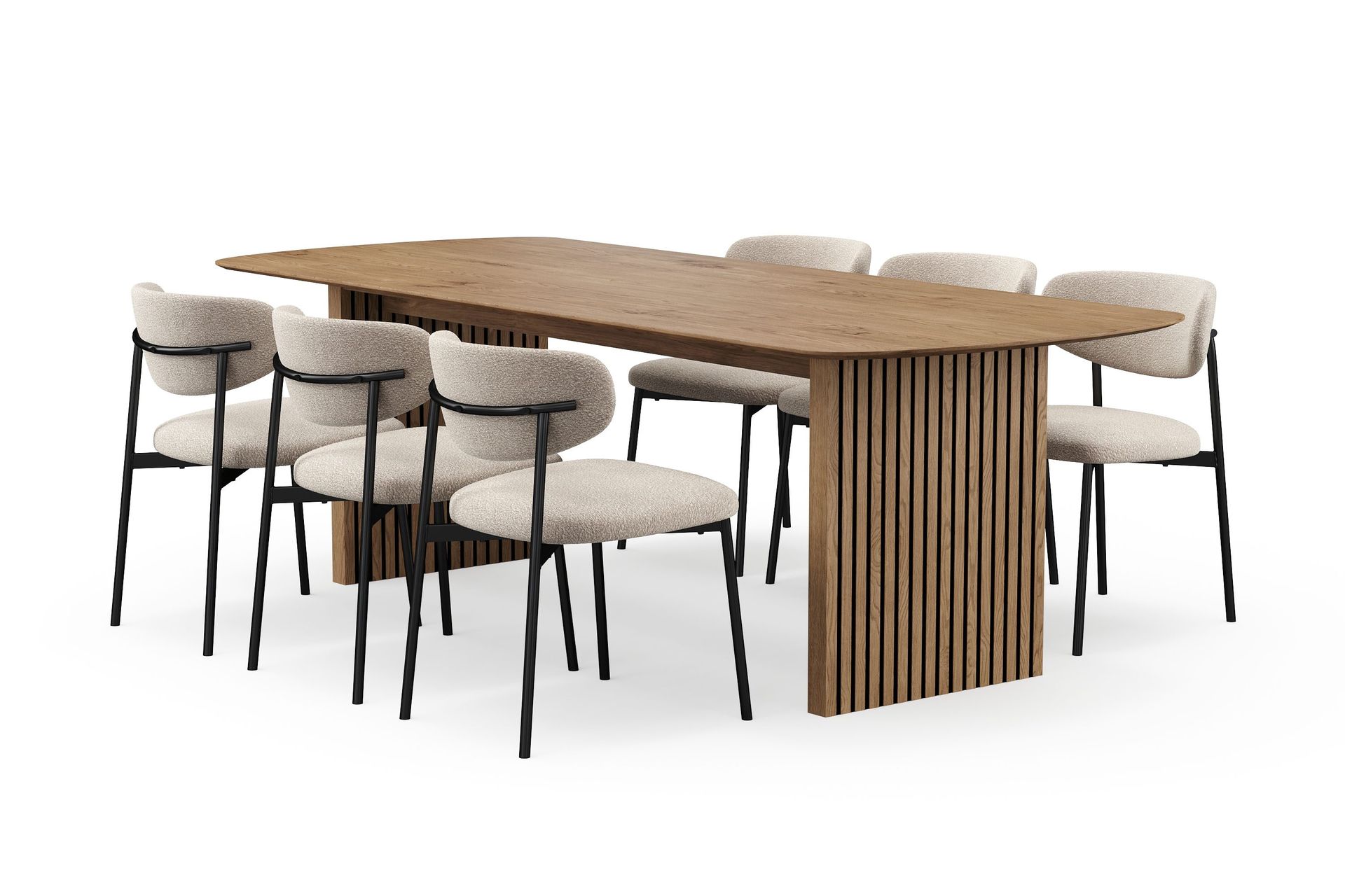 Richeto Matbord 240 cm med 6 Lucy Matstolar - Naturlig finish / Greige Bouclé / Metallben Svart