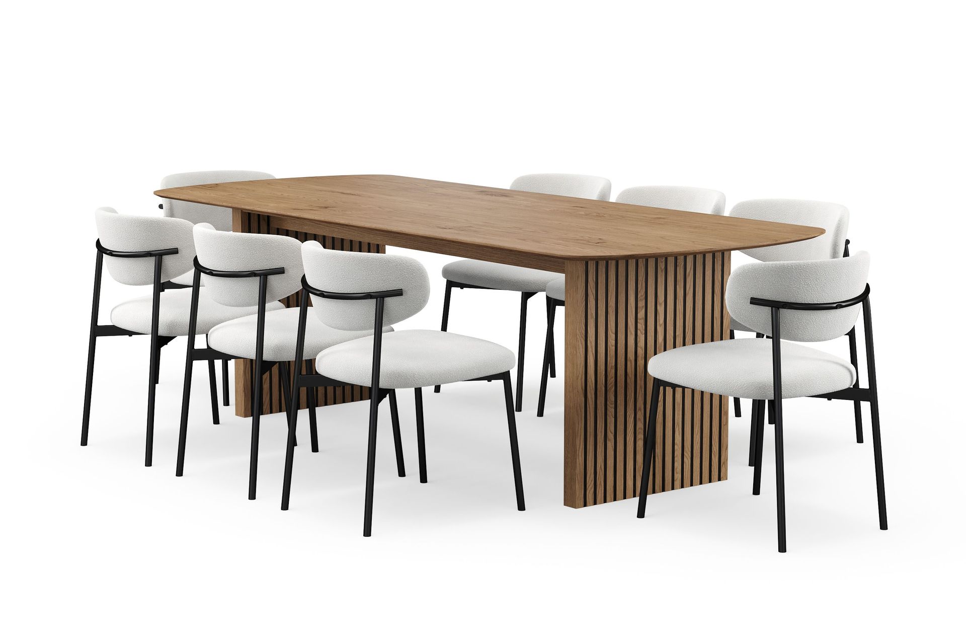 Richeto Matbord 240 cm med 8 Lucy Matstolar - Naturlig finish / Vit Bouclé / Metallben Svart