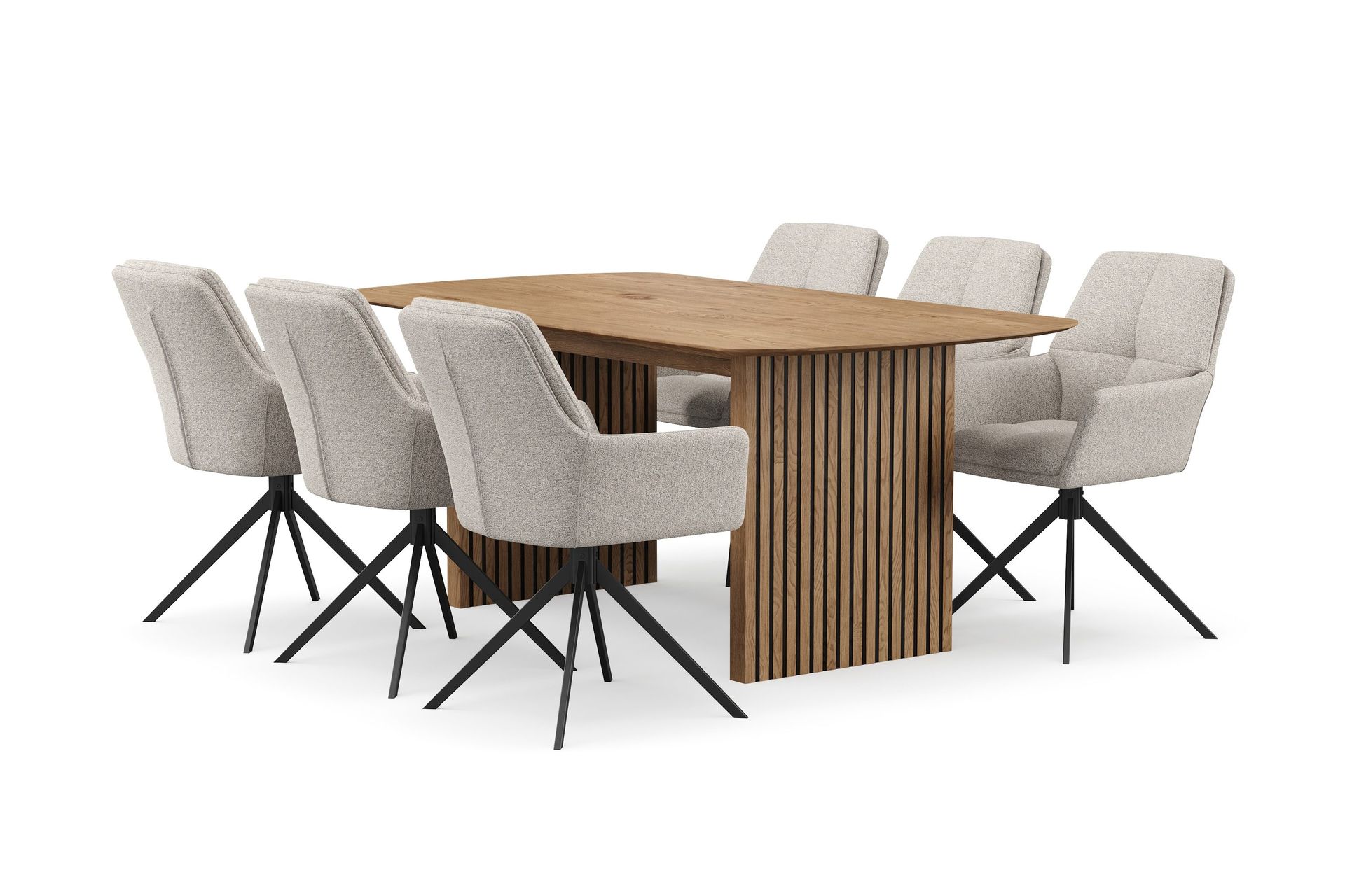 Richeto Matgrupp 180 cm med 6 Torsby Snurrstolar - Naturlig finish/M&ouml;rkbeige