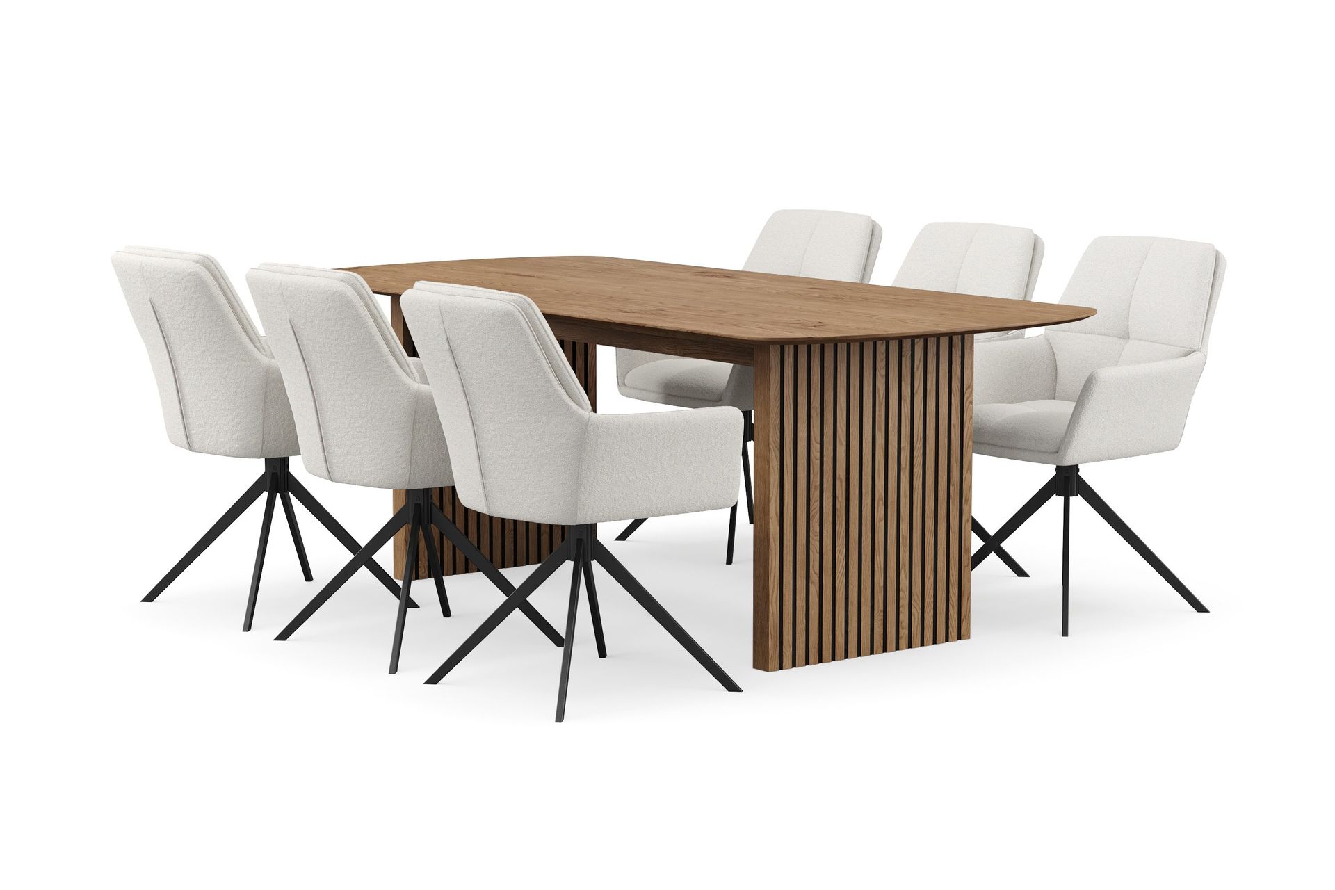 Richeto Matgrupp 210 cm med 6 Torsby Snurrstolar - Naturlig finish/Ljusbeige