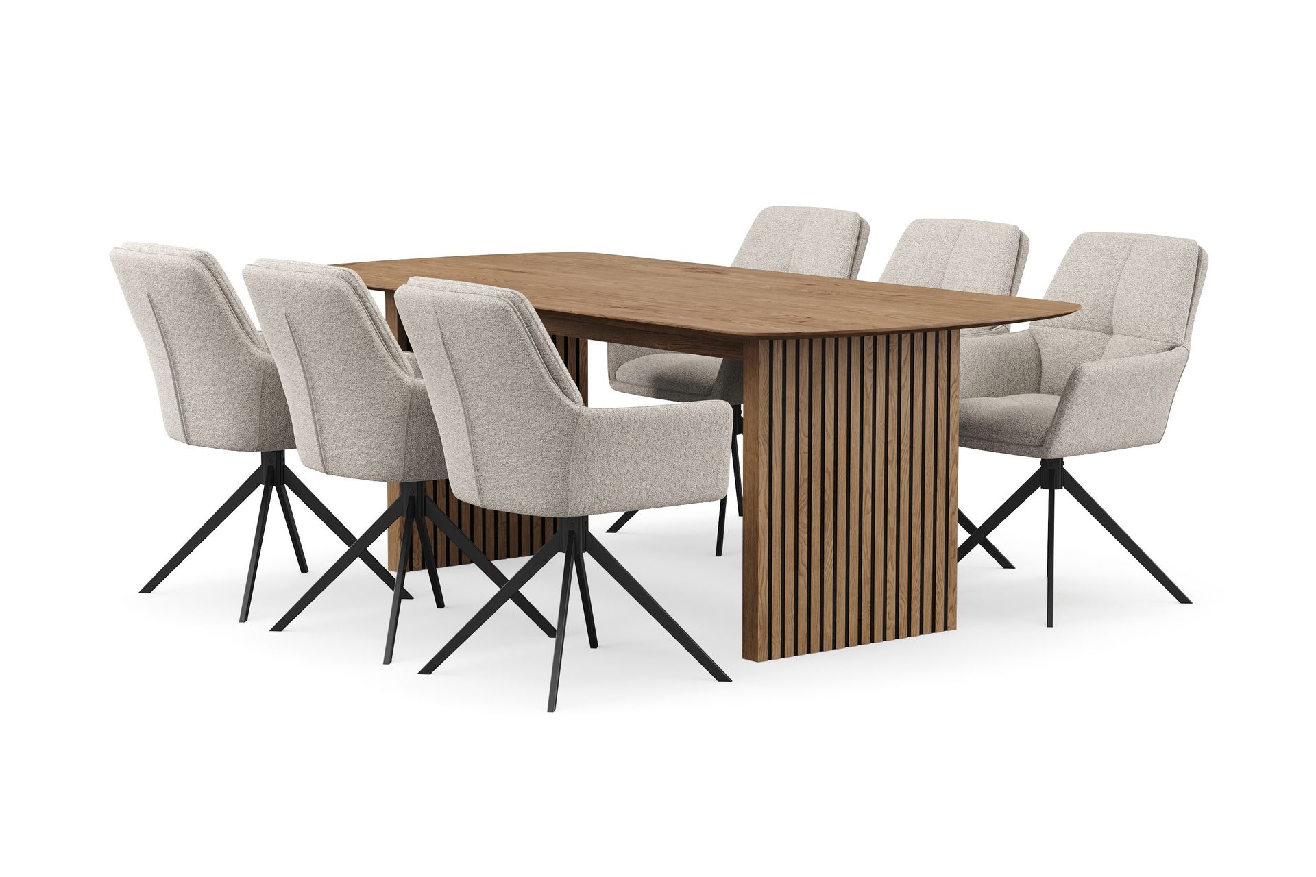 Richeto Matgrupp 210 cm med 6 Torsby Snurrstolar - Naturlig finish/M&ouml;rkbeige
