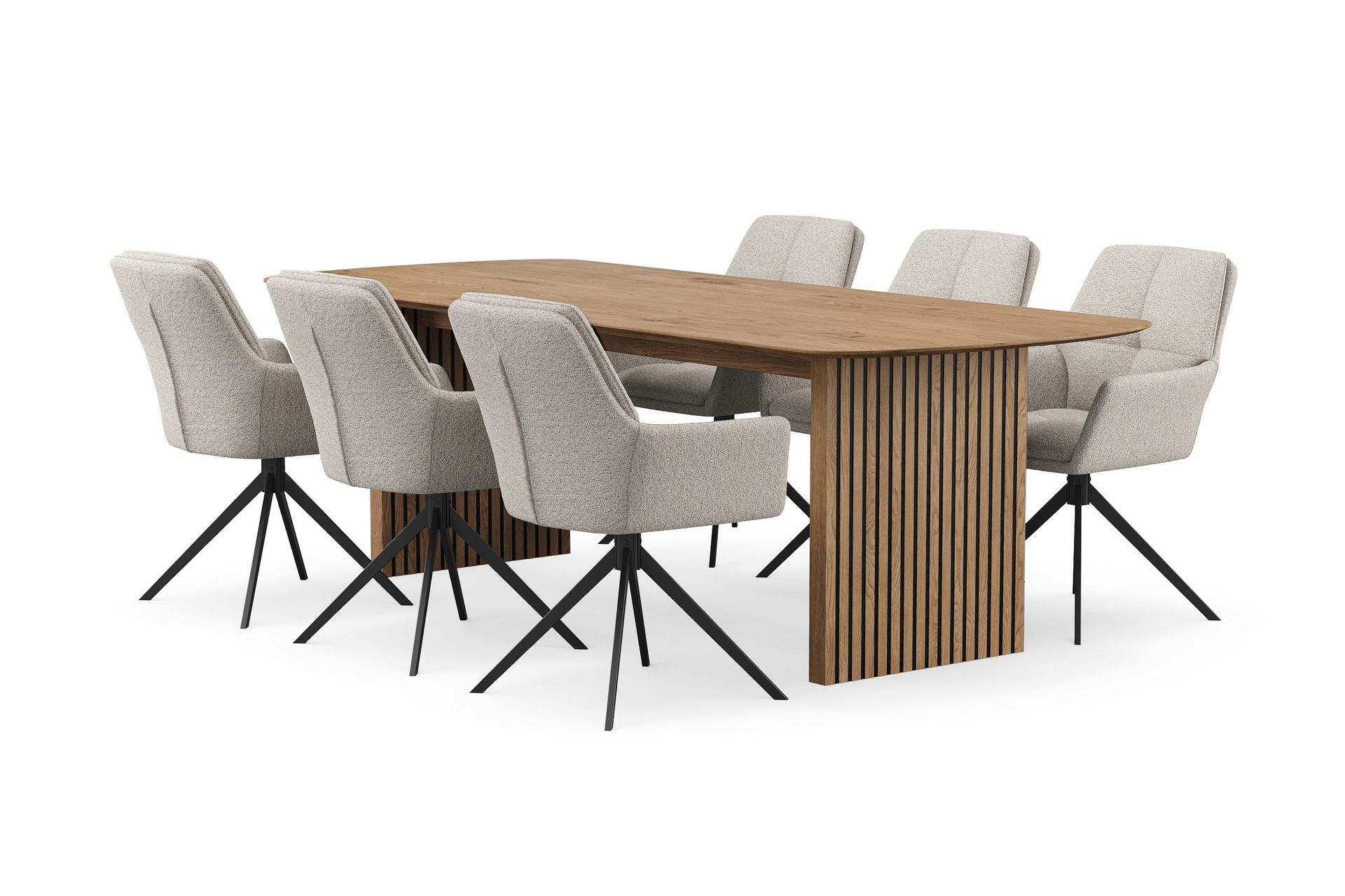 Richeto Matgrupp 240 cm med 6 Torsby Snurrstolar - Naturlig finish/M&ouml;rkbeige