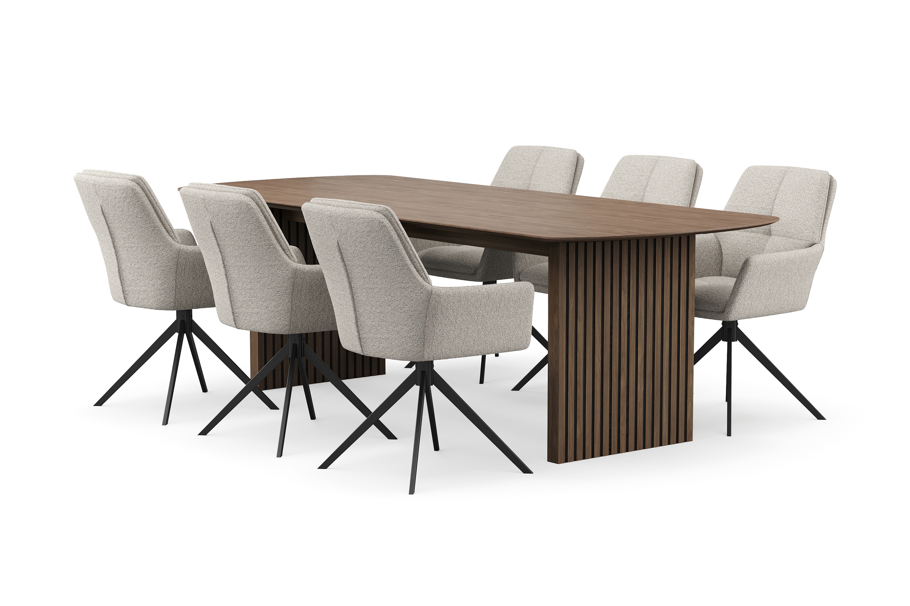 richeto matgrupp 240 cm med 6 torsby snurrstolar - rökt ek/mörkbeige