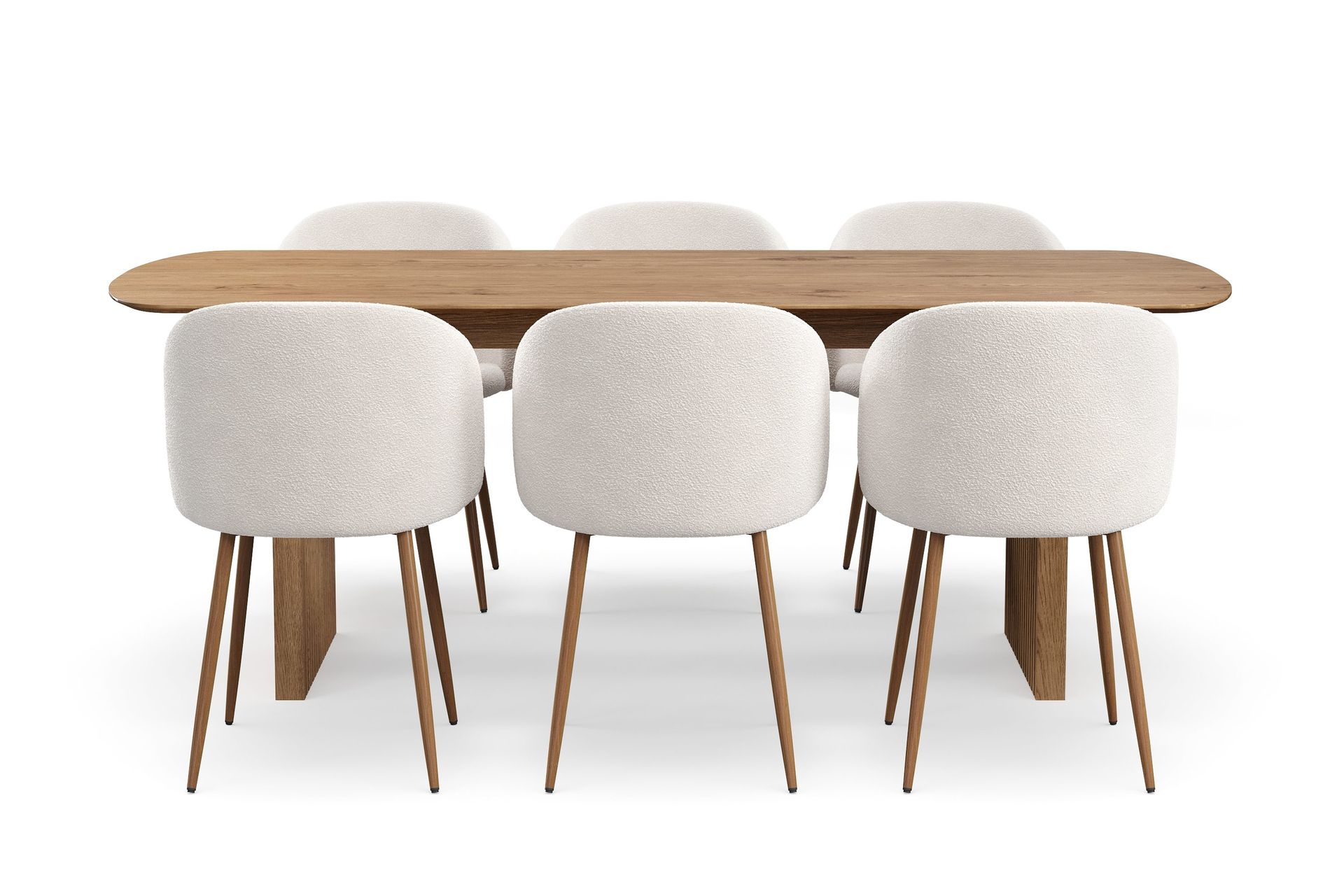 richeto matgrupp med 6 greya matstolar med armstöd - naturlig finish/vit bouclé