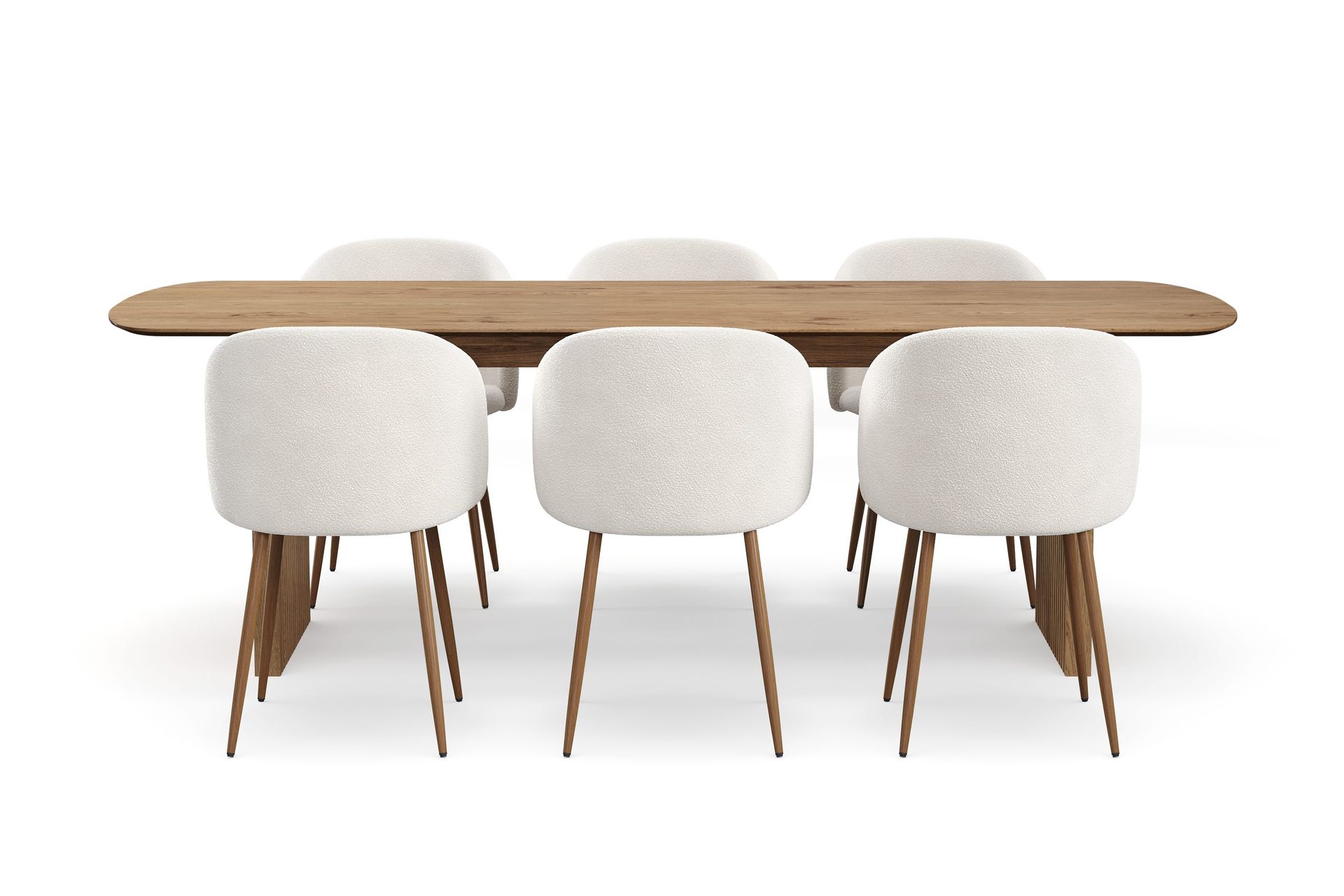 richeto matgrupp med 6 greya matstolar med armstöd - rökt ek/vit bouclé