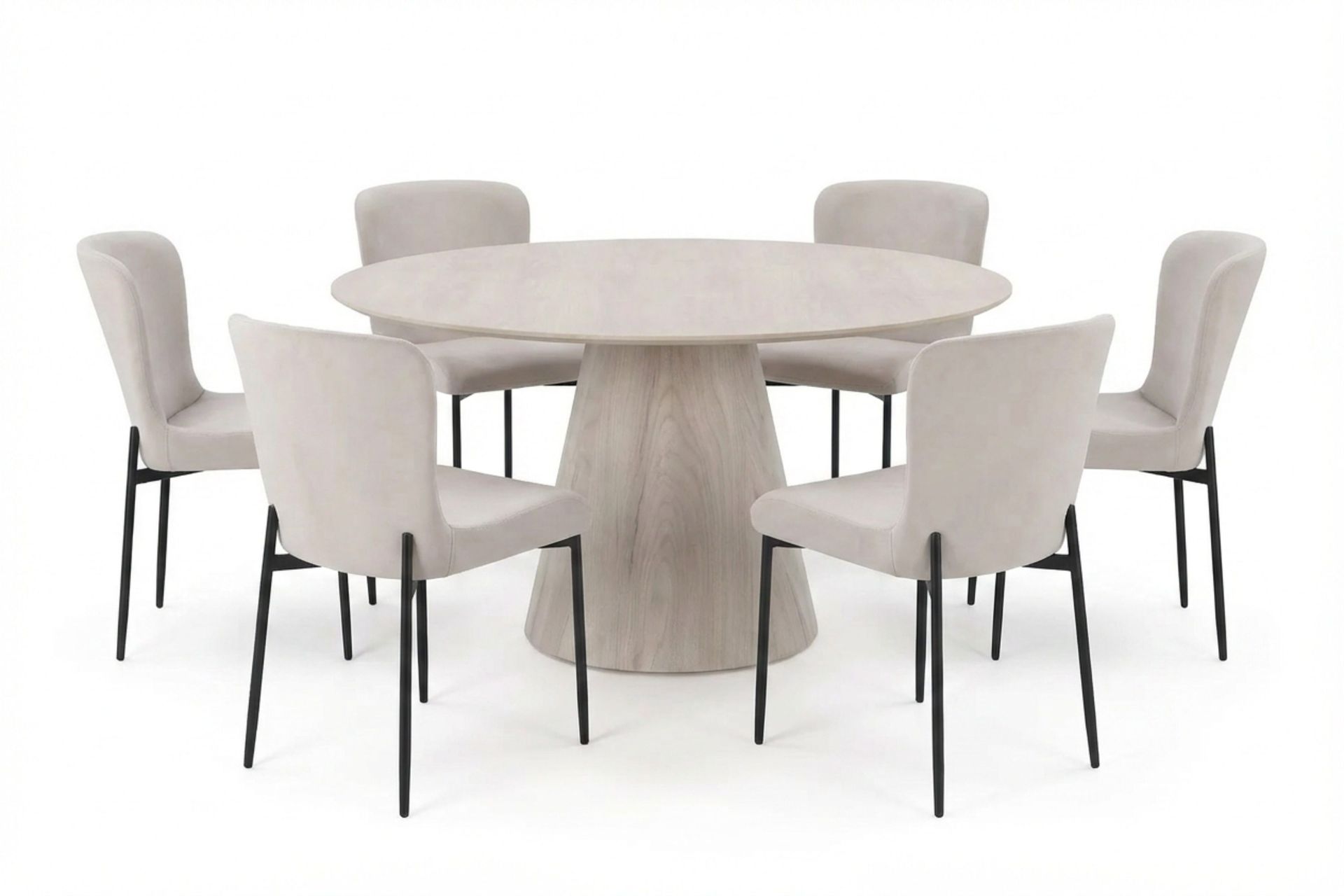 Siena Matgrupp runt 150 cm Vitlaserad med 6 Elsie Matstolar - Vitlaserad/Beige