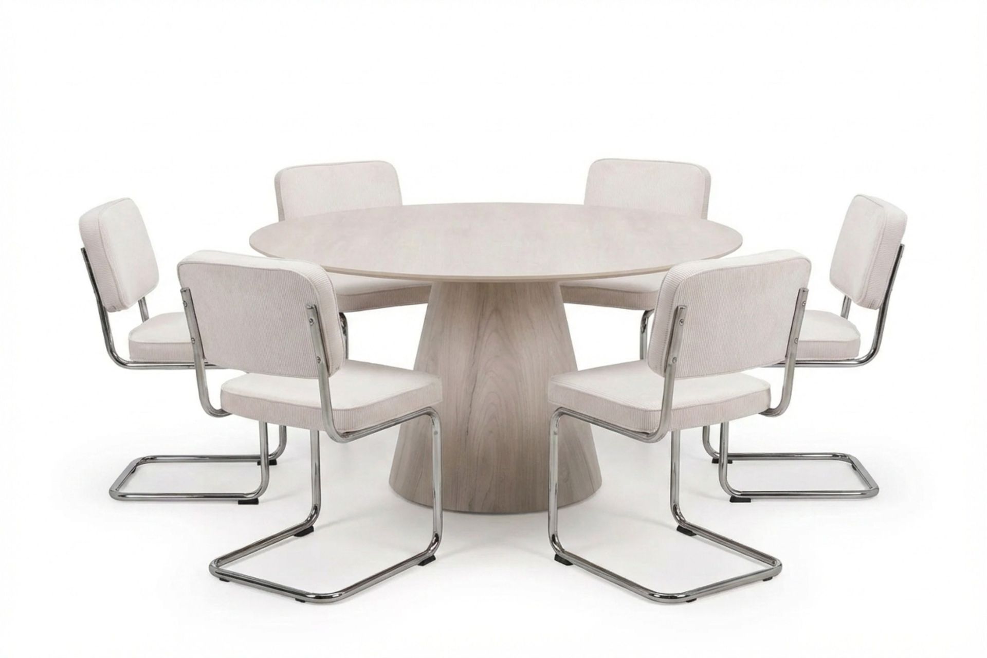 Siena Matgrupp runt 150 cm Vitlaserad med 6 Milva Matstolar - Vitlaserad/Beige/krom