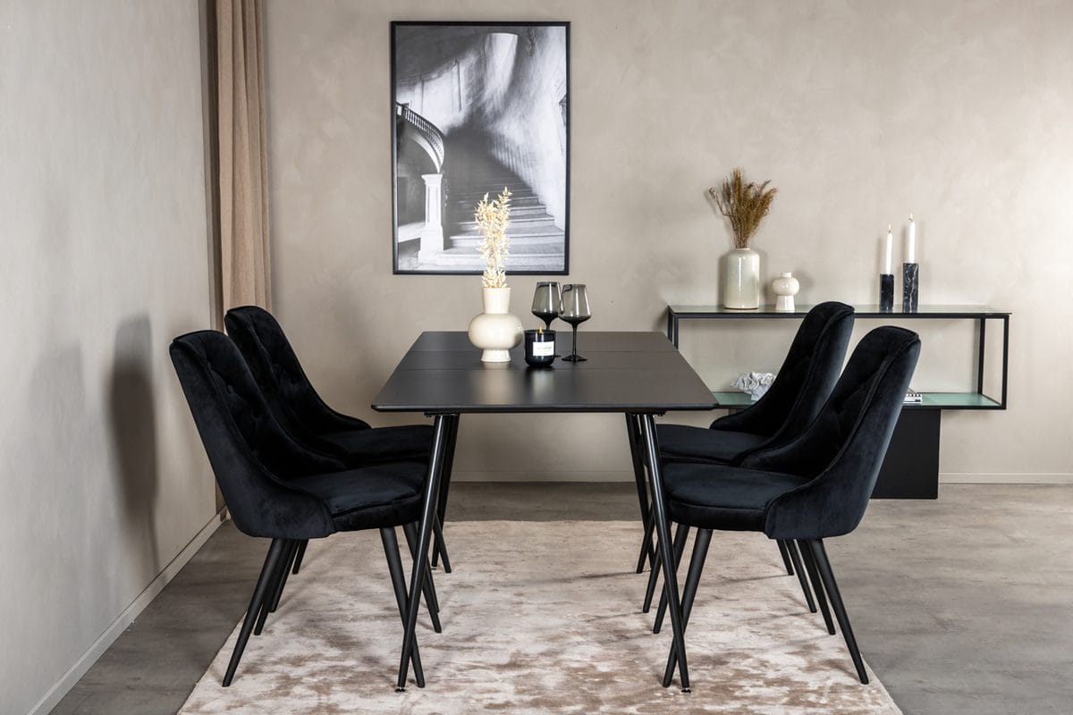 Silar Rektangulär Matgrupp 120-160 cm med 4 Velvet Deluxe Matstolar - svart