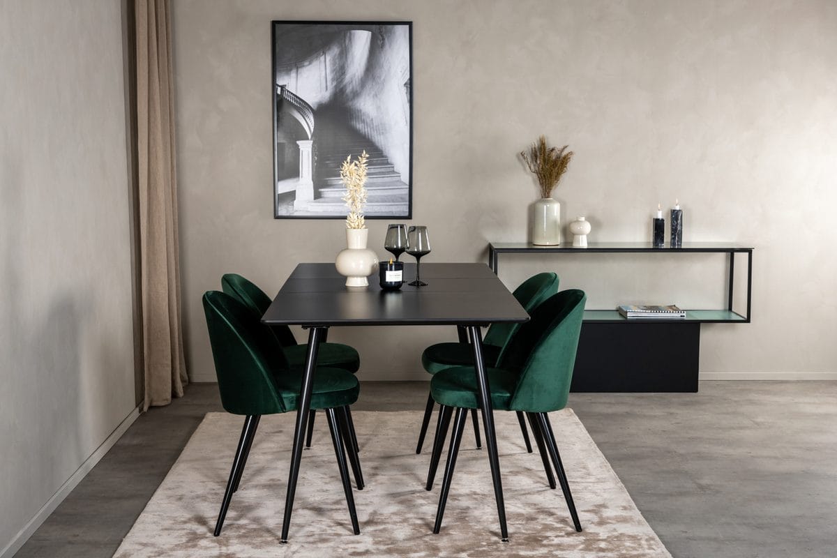 Silar Rektangulär Matgrupp 120-160 cm med 4 Velvet Matstolar - grön