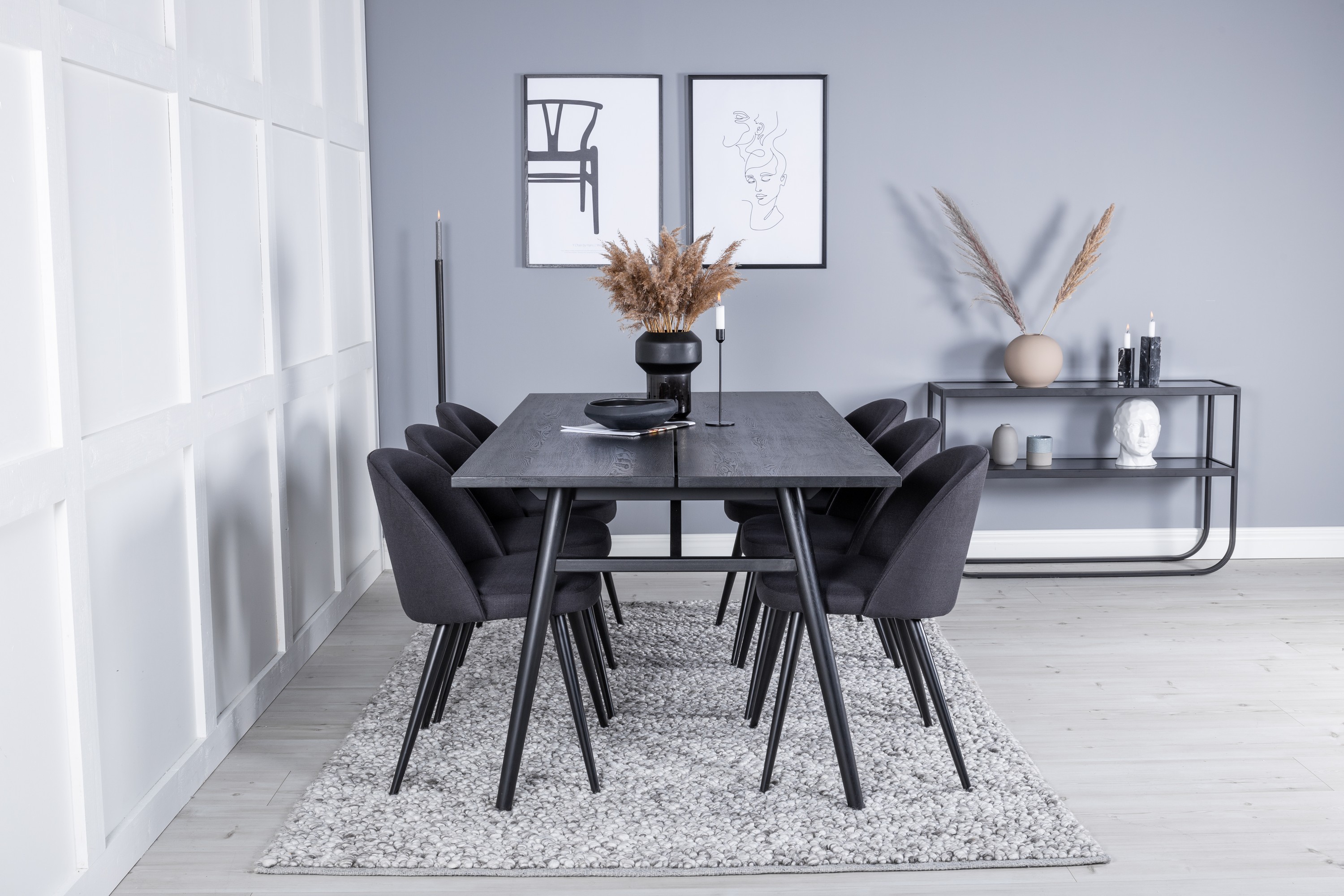 Sleek Matgrupp Förlängningsbar 195 cm Rektangulär med 6 Velvet stolar Svart