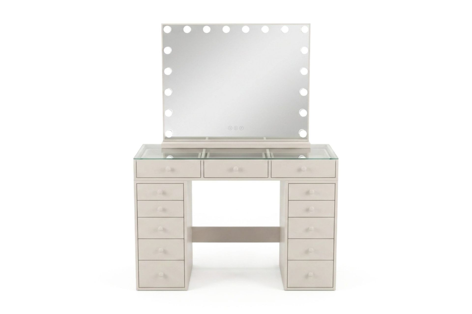 Glow Sminkbord 120 cm med Glasskiva Förvaring och Lådor samt Spegel 80 cm med Belysning - Beige