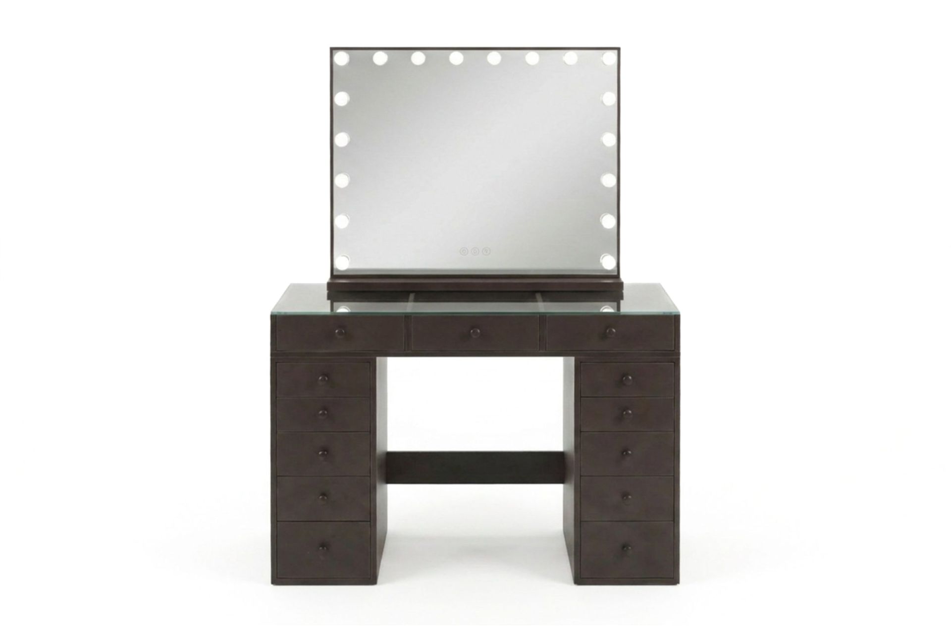 Glow Sminkbord 120 cm med Glasskiva Förvaring och Lådor samt Spegel 80 cm med Belysning - Brun