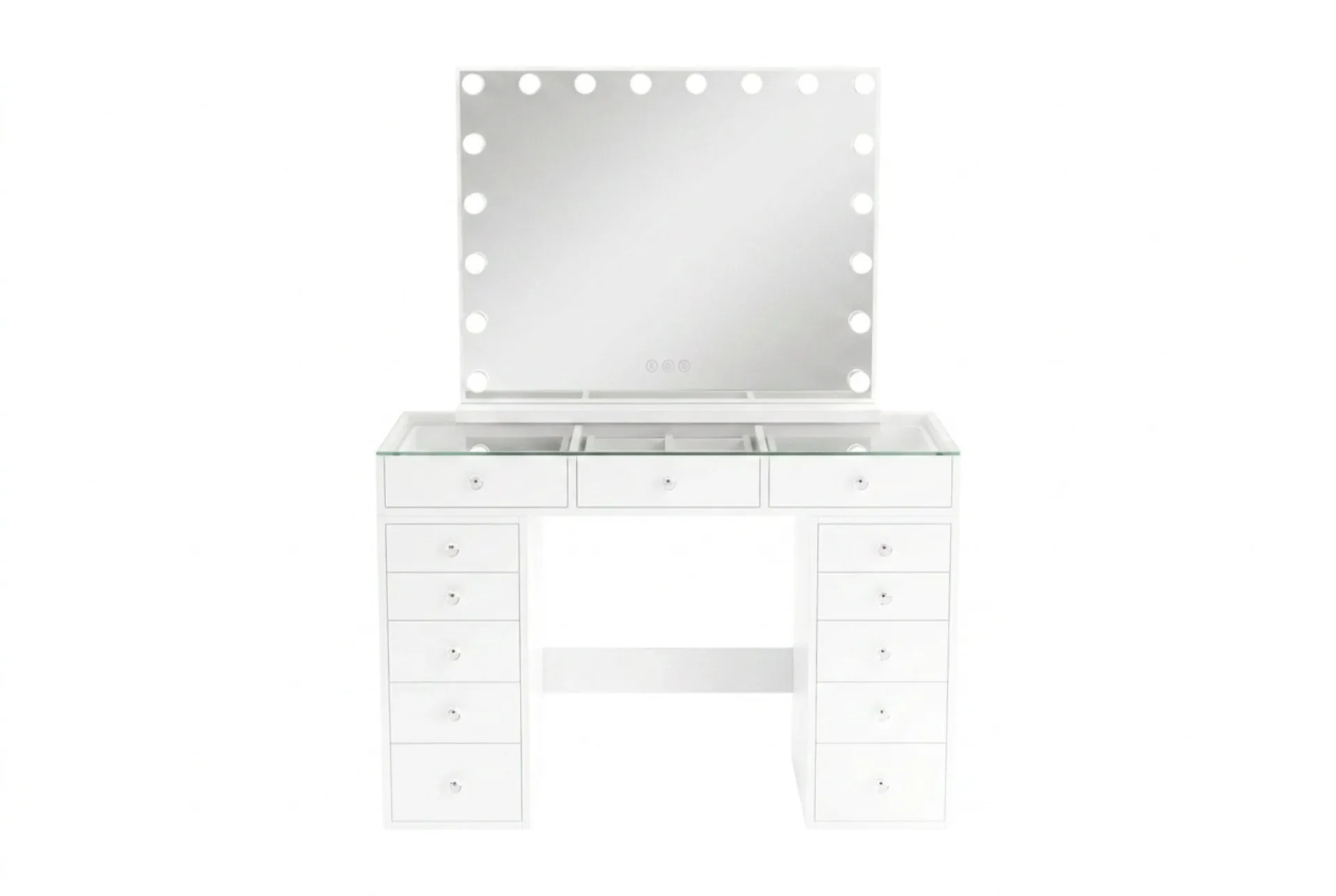 Glow Sminkbord 120 cm med Glasskiva Förvaring och Lådor samt Spegel 80 cm med Belysning - Vit