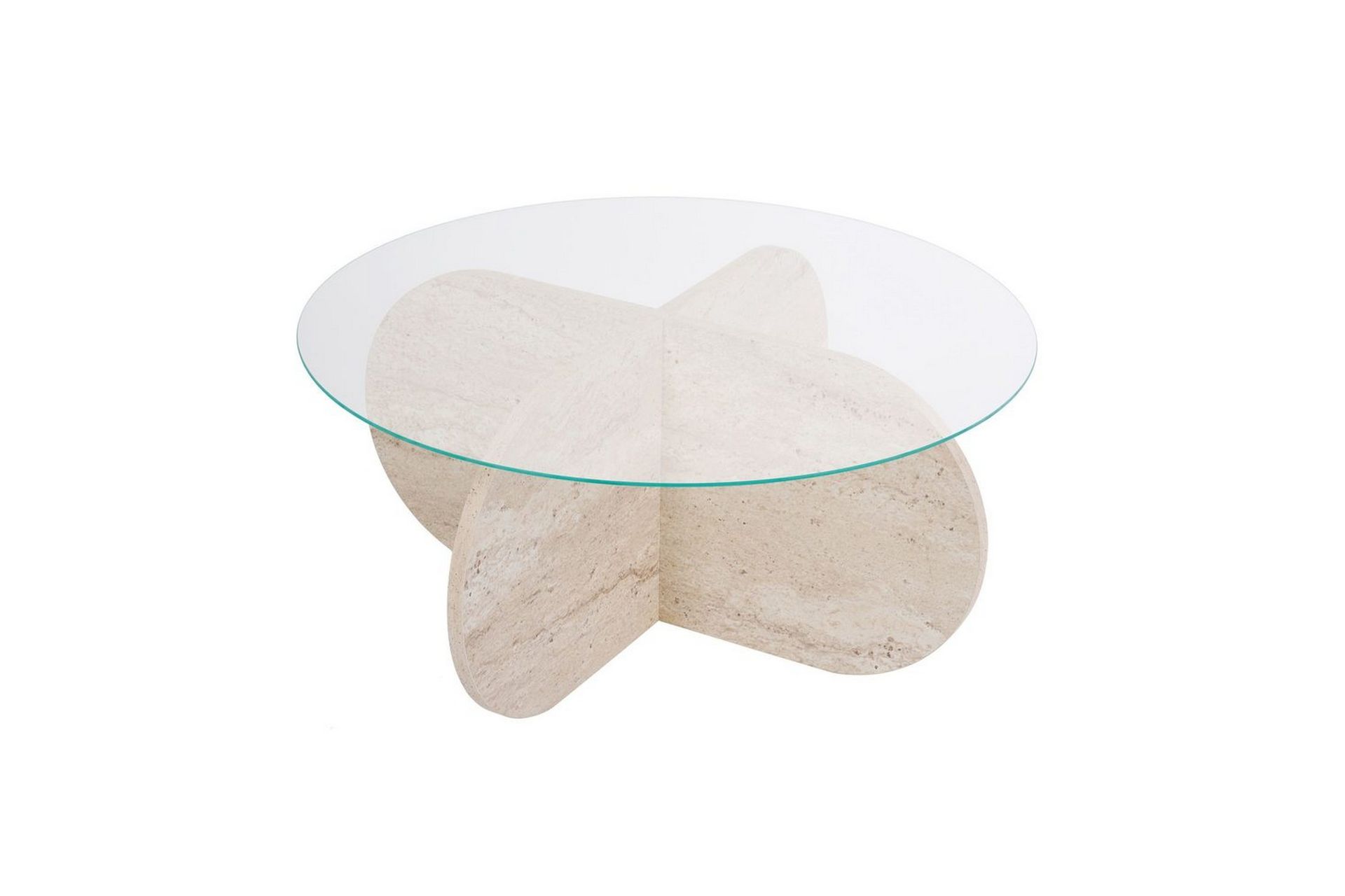 soffbord aeris 75 cm med glasskiva - travertin / transparent