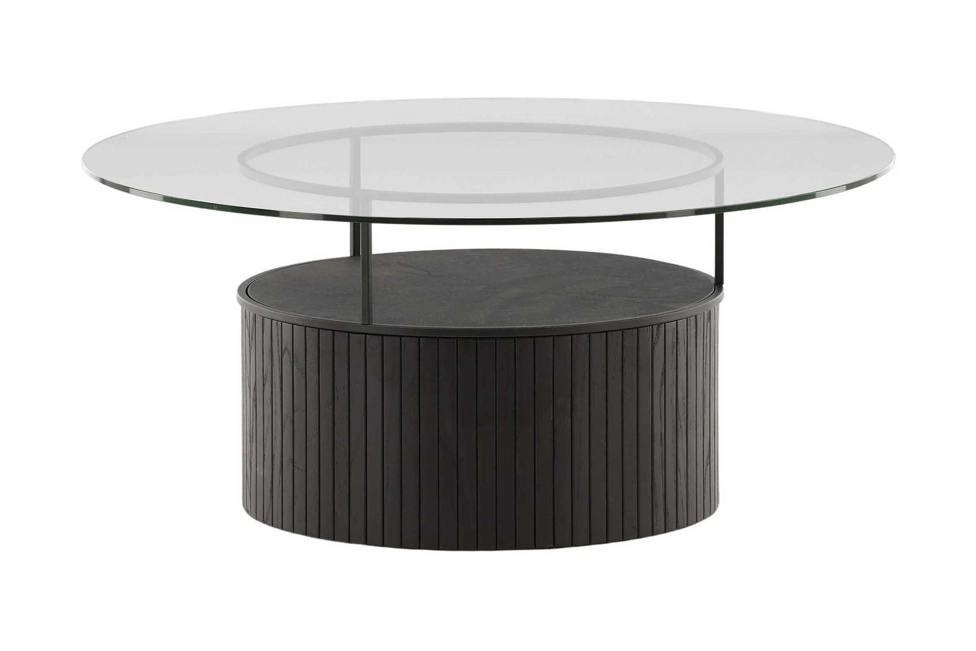Bovall 90 cm Runt Soffbord med F&ouml;rvaring i Glas och Tr&auml; - Klar