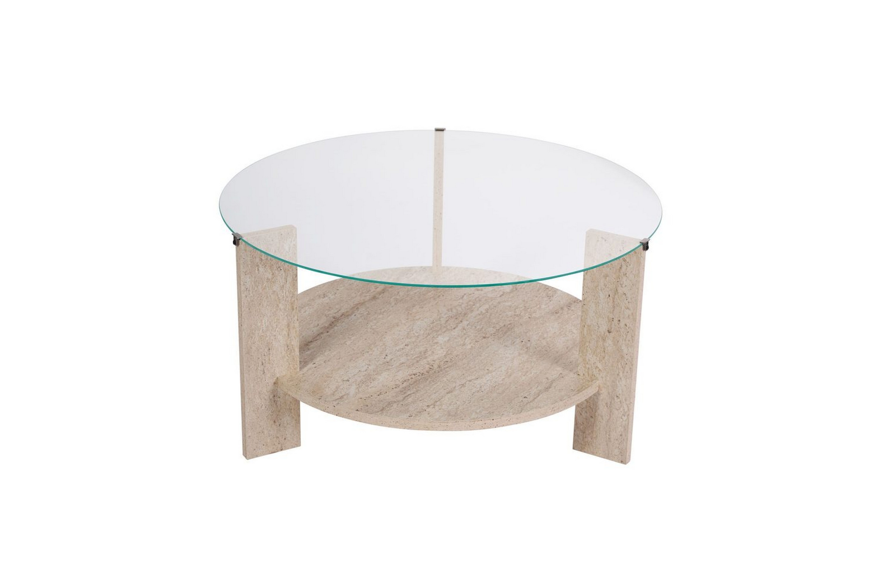 soffbord clara 75 cm med glasskiva - travertin / transparent