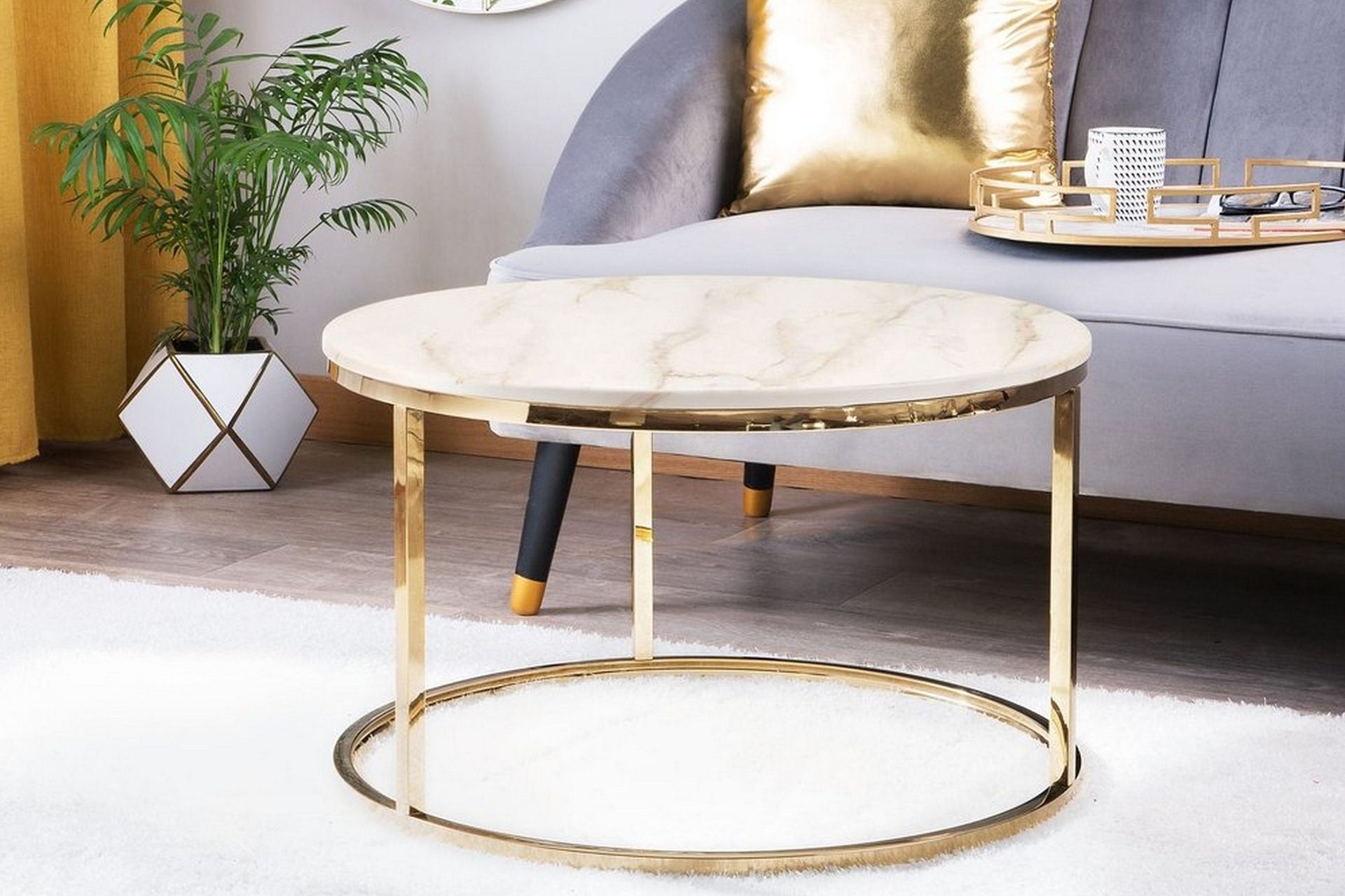 Coralla Soffbord 70 cm Runt Marmormönster - Vit/Guld