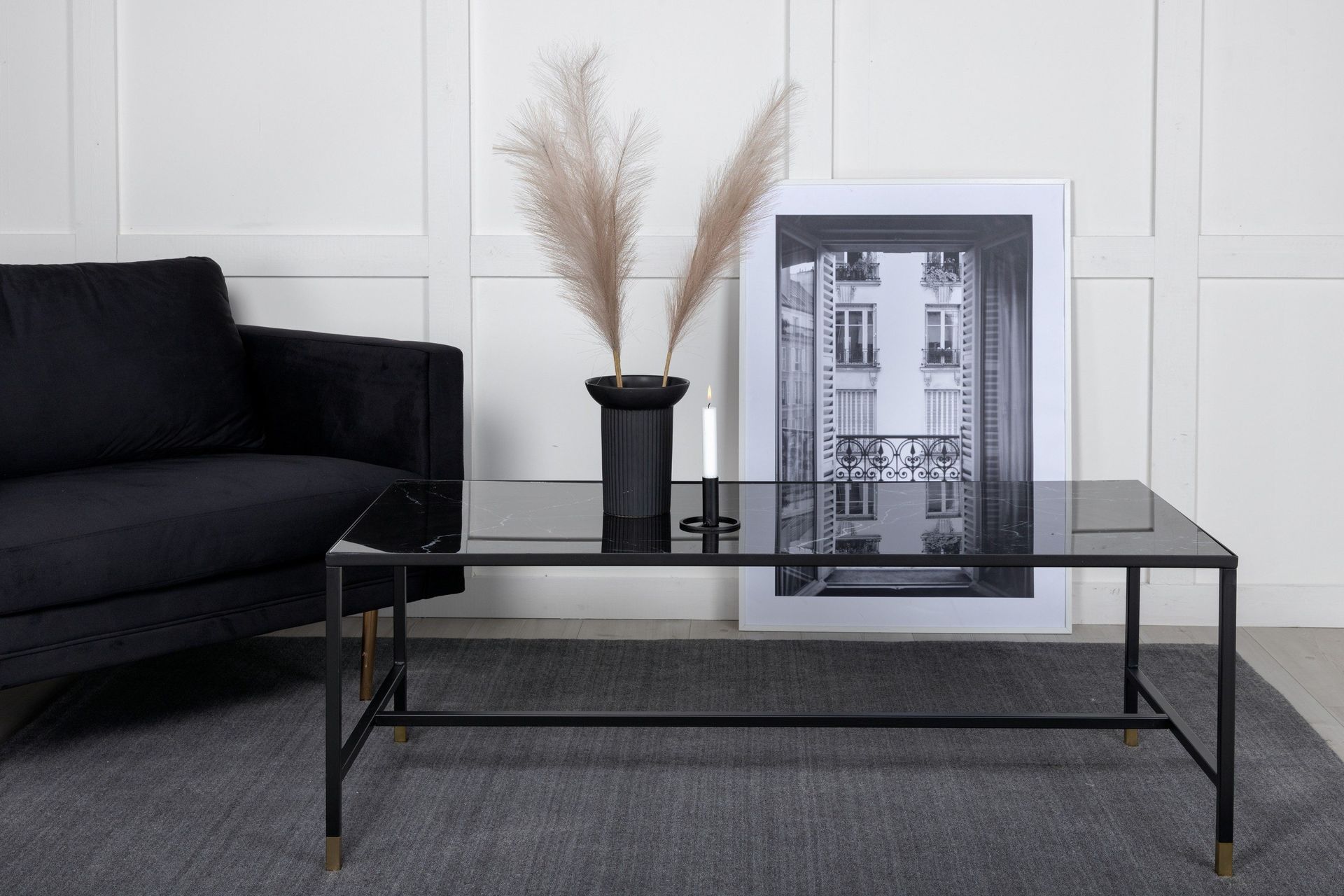 Dipp Soffbord 130 cm Marmorm&ouml;nster - Glas/Svart/M&auml;ssing