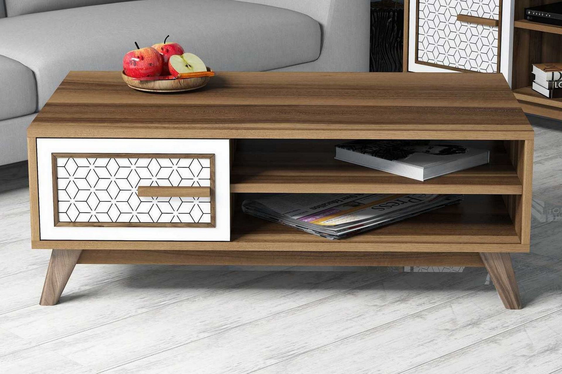 Hovdane Soffbord 105 cm m Förvaring 2 Hyllor+Skåp Diamantmön - Ek/Vit/Brun