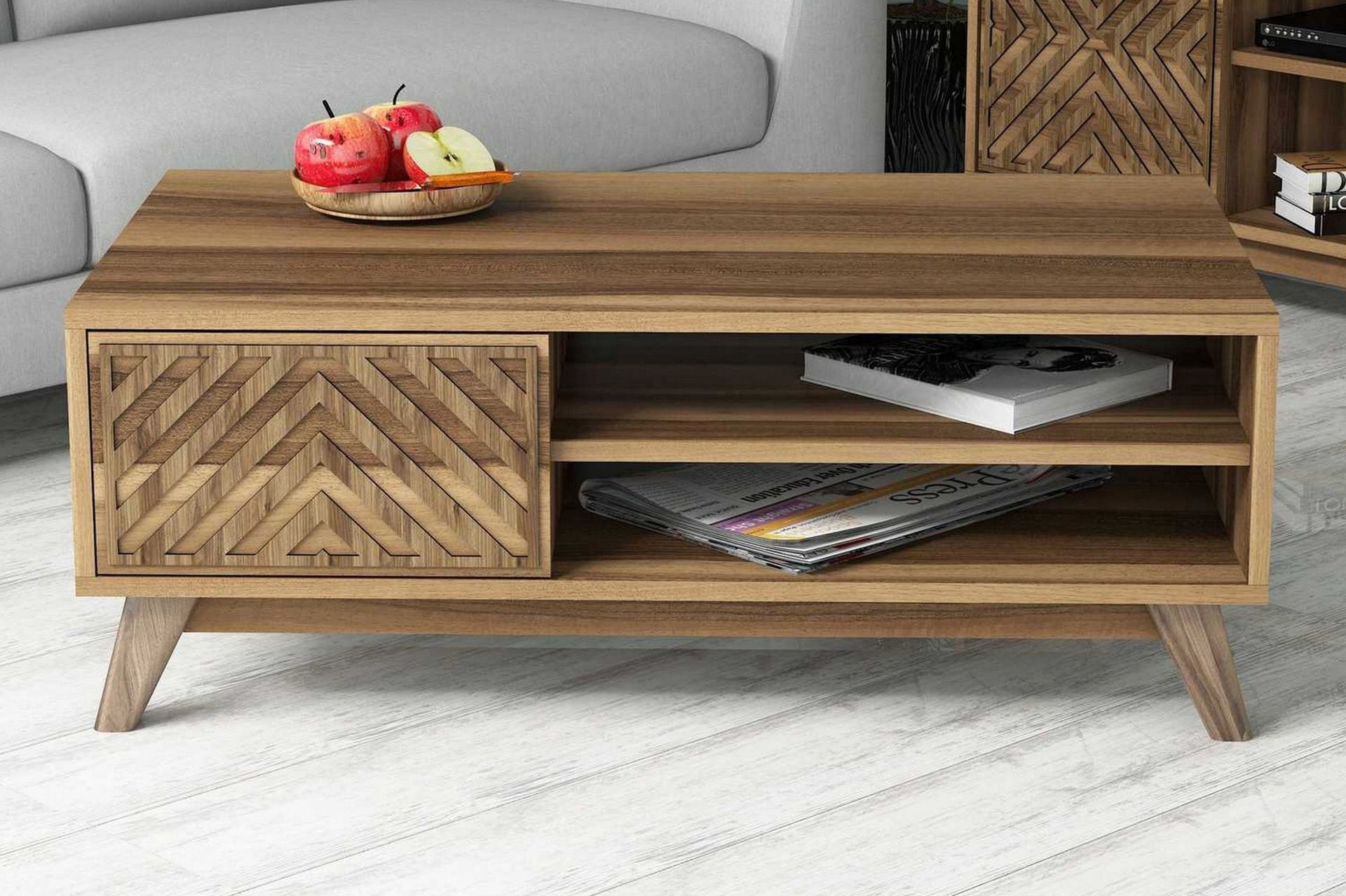 Hovdane Soffbord 105 cm med F&ouml;rvaring 2 Hyllor Linjer + Sk&aring;p - Brun