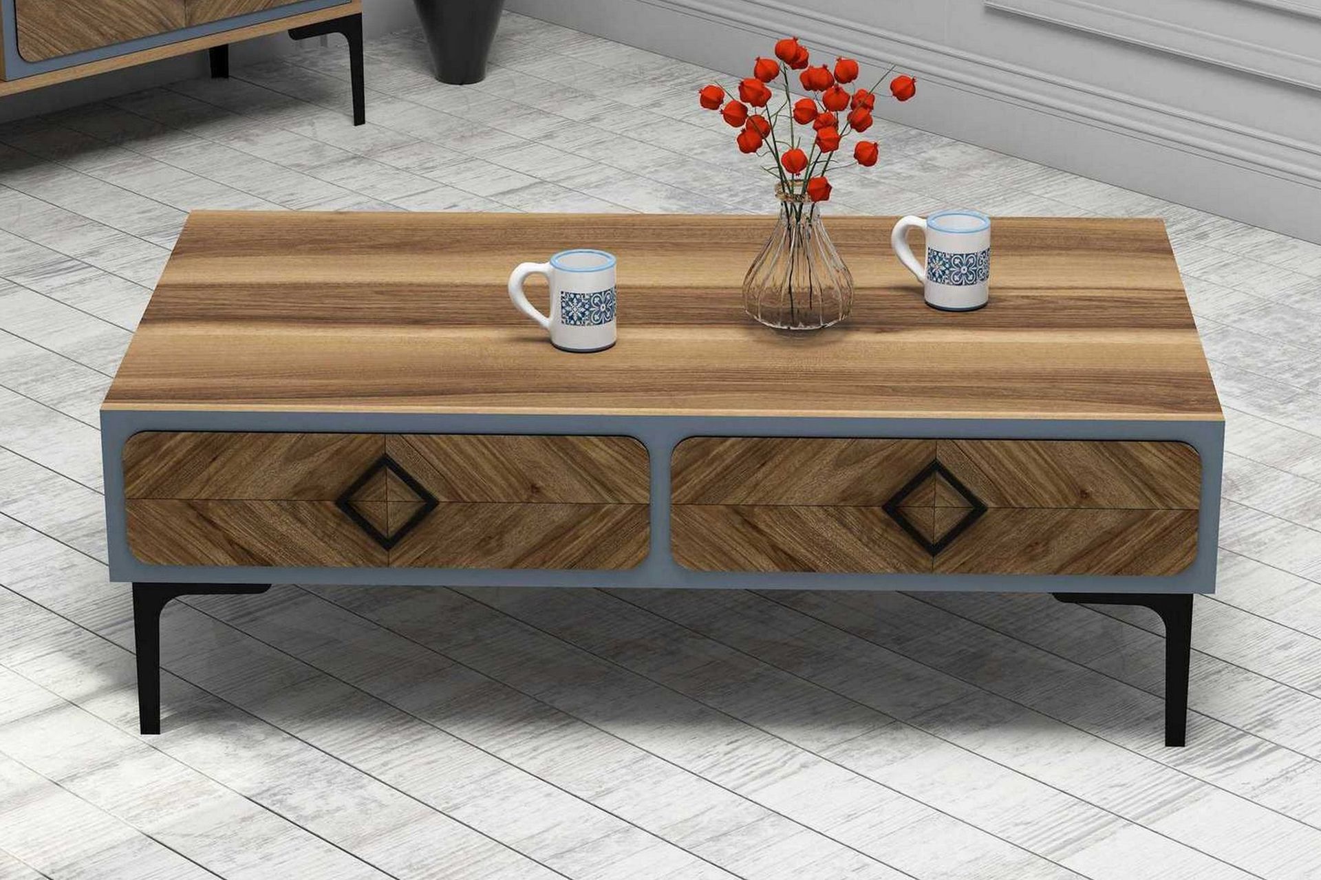 Hovdane Soffbord 105 cm med F&ouml;rvaring Hylla Fiskbensm&ouml;nster - Brun/Bl&aring;