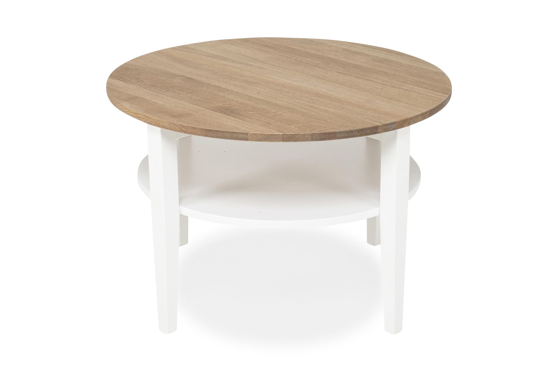 Mantorp Soffbord 80 cm Runt med F&ouml;rvaring Hylla - Massiv Ek/Vit