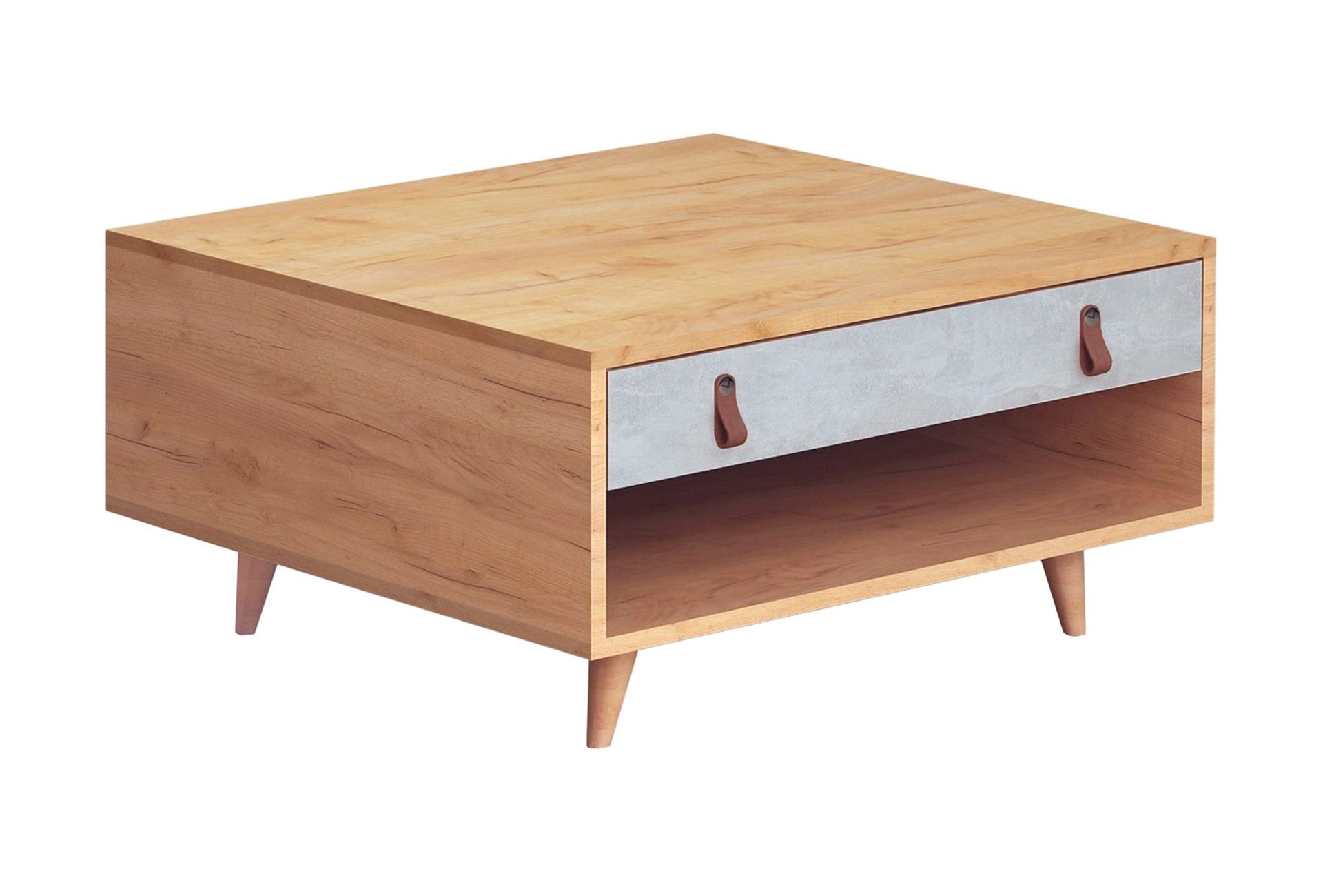 Mod Design Soffbord 80 cm med Förvaring Låda + Hylla Läderbe - Grå/Trä