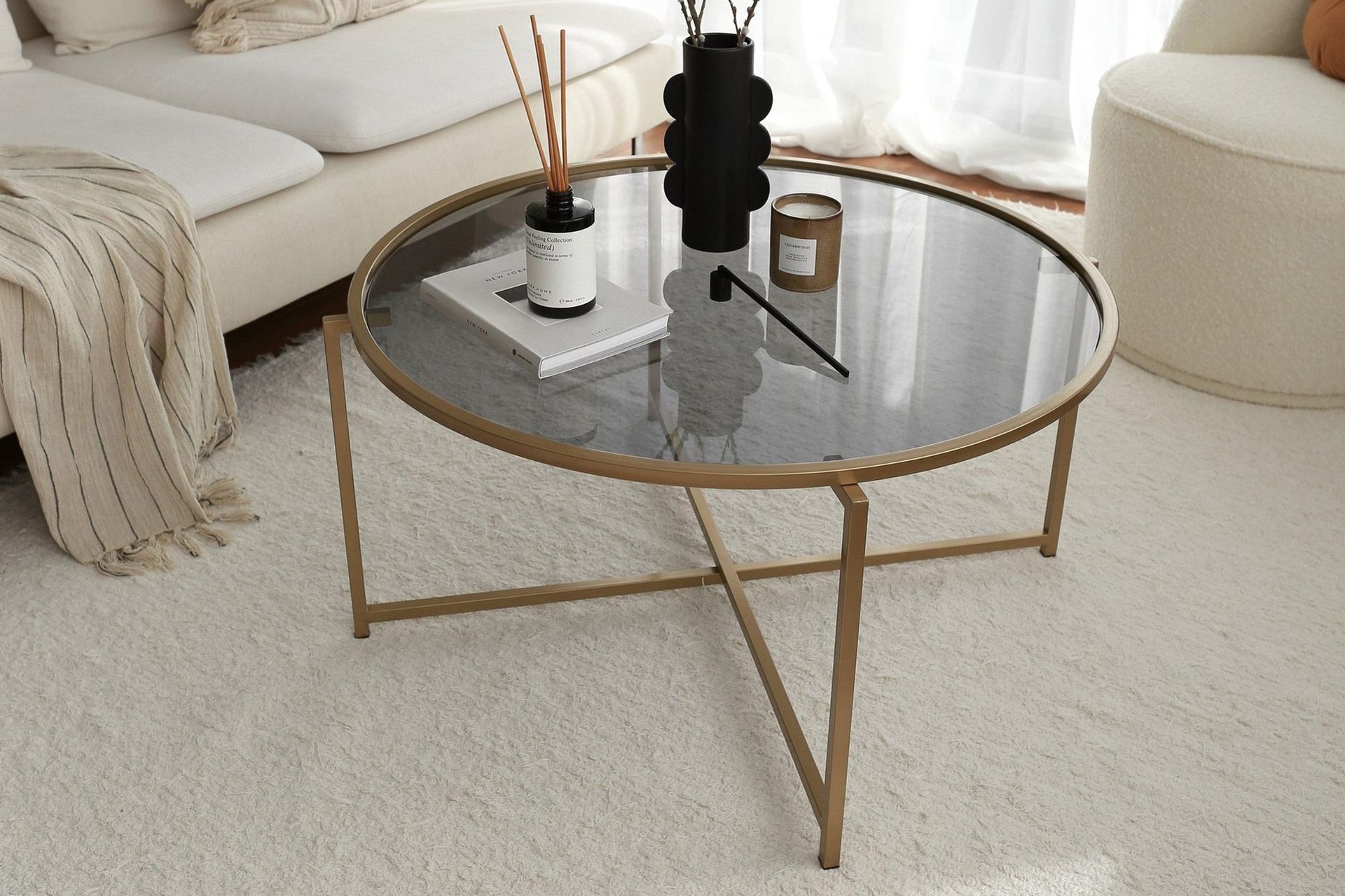 Rowman Soffbord 83 cm Runt - Guld/R&ouml;kf&auml;rgat Glas