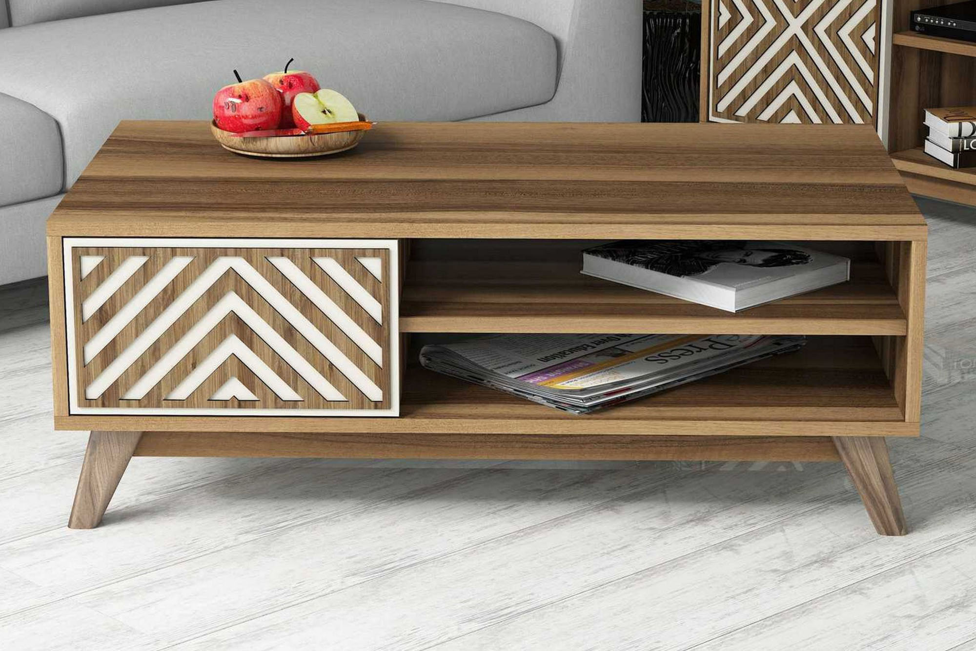 Soffbord Amtorp 105 cm med Förvaring 2 Hyllor Skåp Linjer Brun/Vit/Ek
