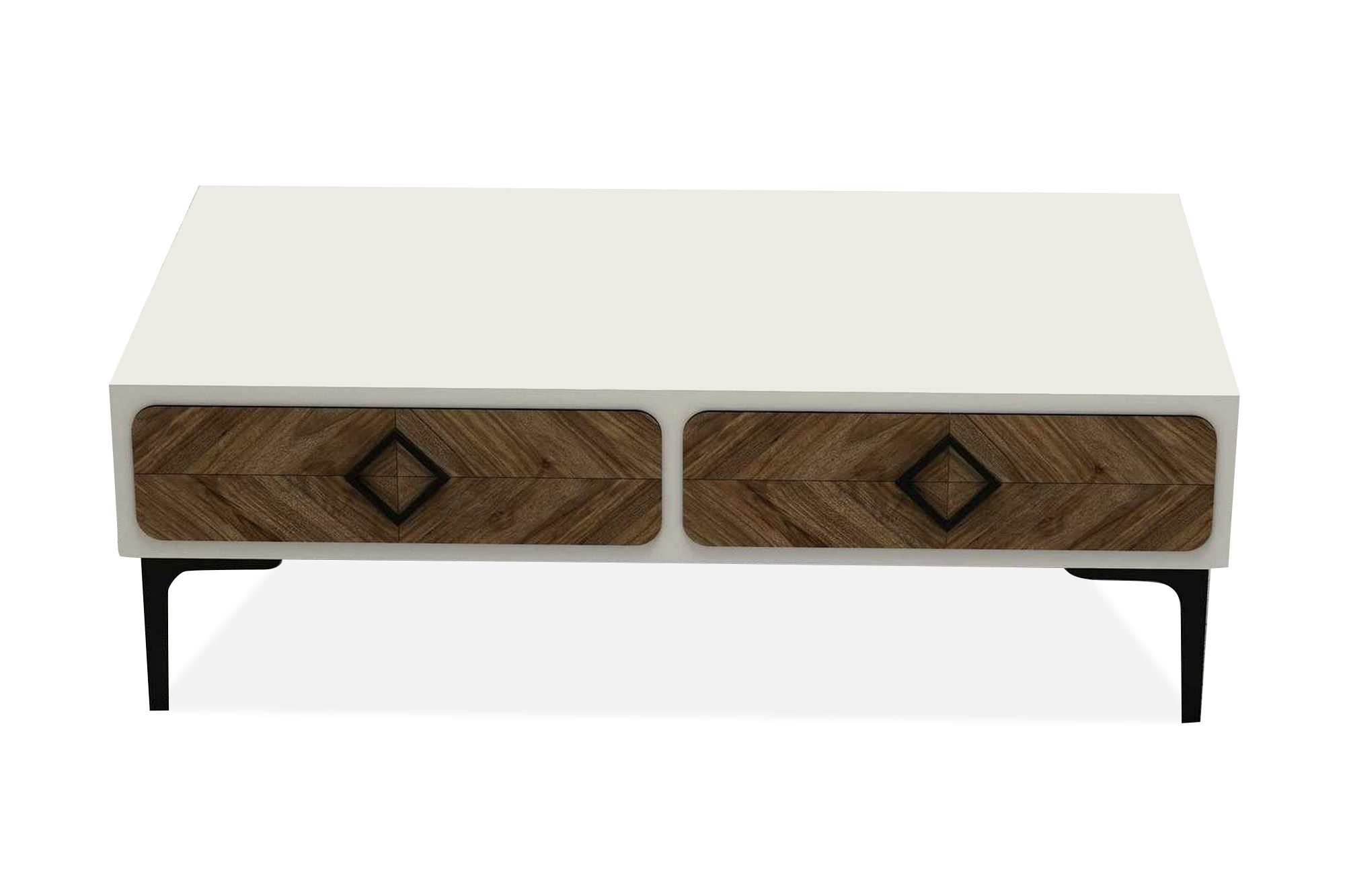 soffbord amtorp 105 cm med förvaring hylla fiskbensmönster - vit/brun