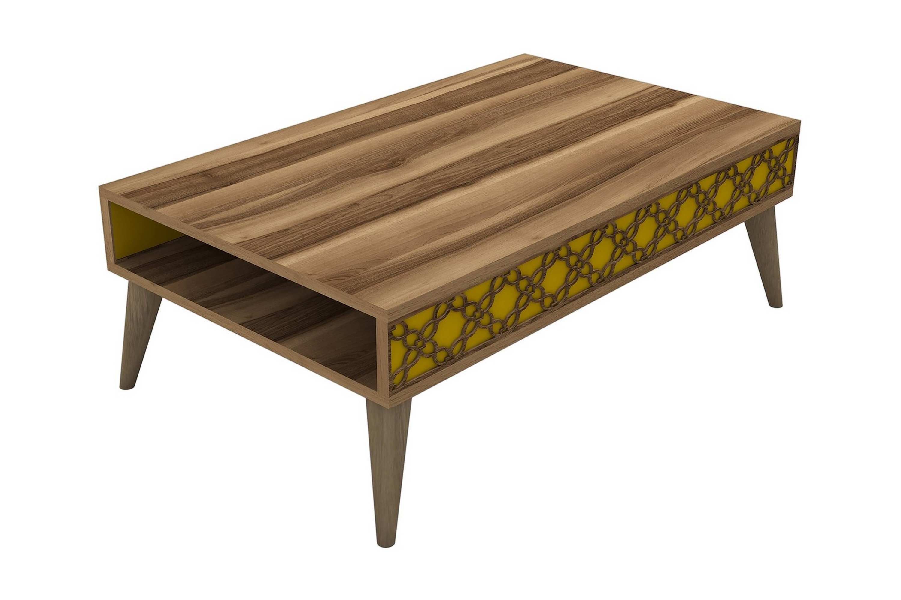 Soffbord Amtorp 105 cm med Förvaring Hylla Kedjemönster Valnötsbrun/Gul