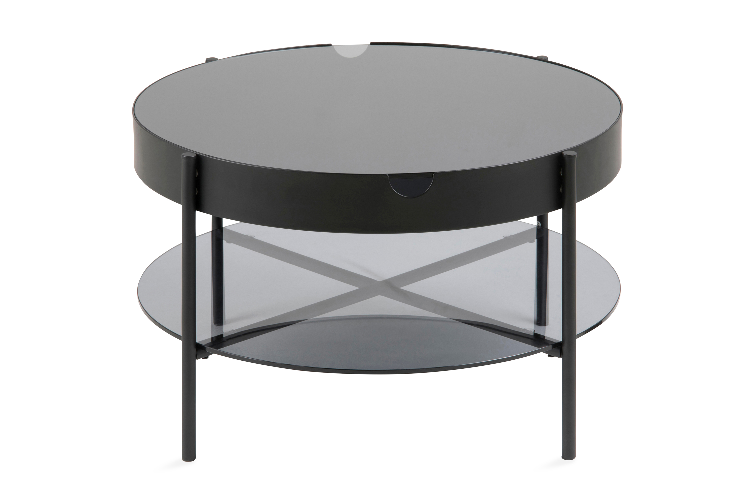 Soffbord Anabel 75 cm Runt med Förvaring Hylla Rökfärgad Glas/Svart