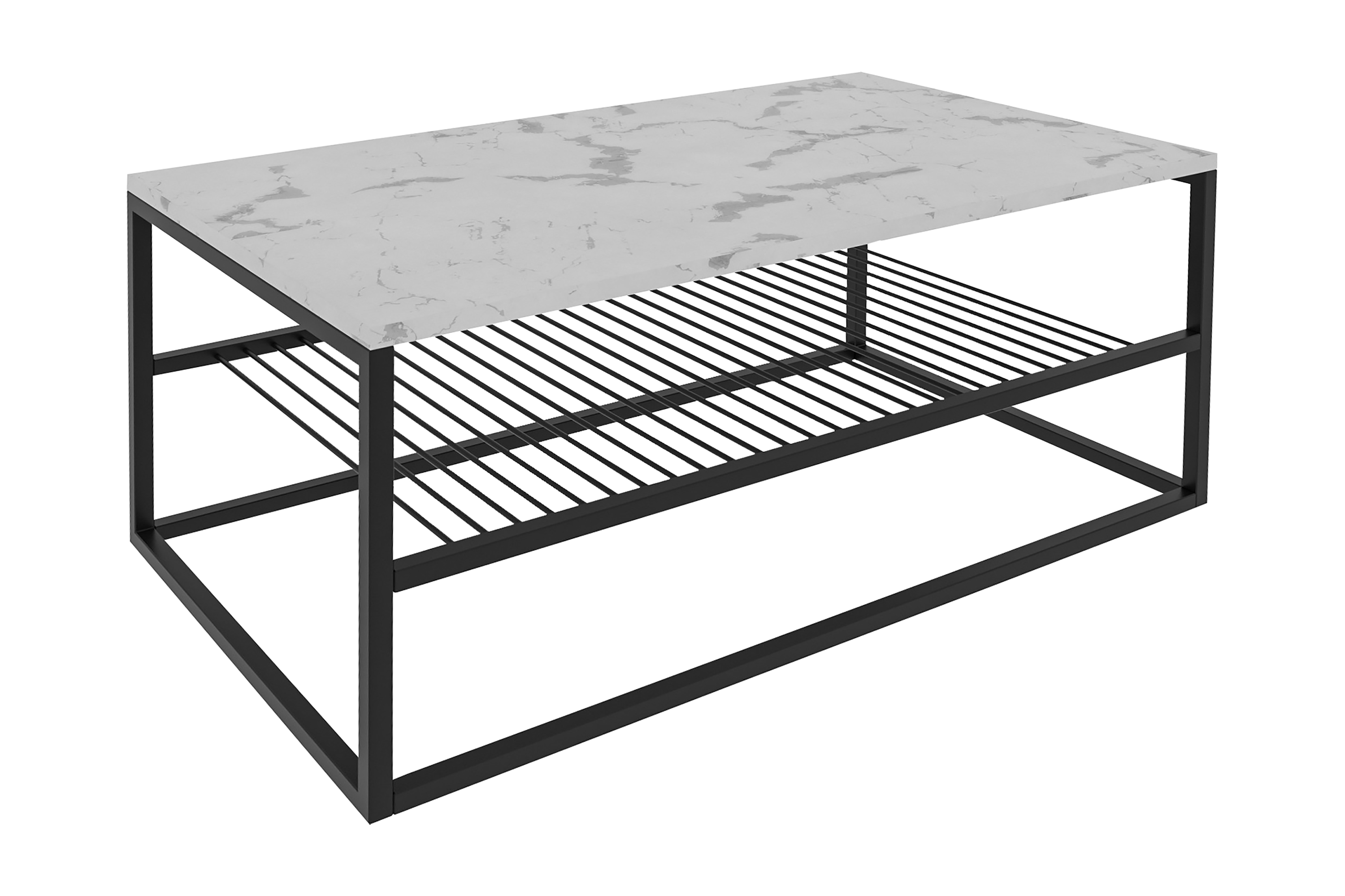 Soffbord Asude 95 cm Marmormönster med Förvaring Hylla Vit/Svart