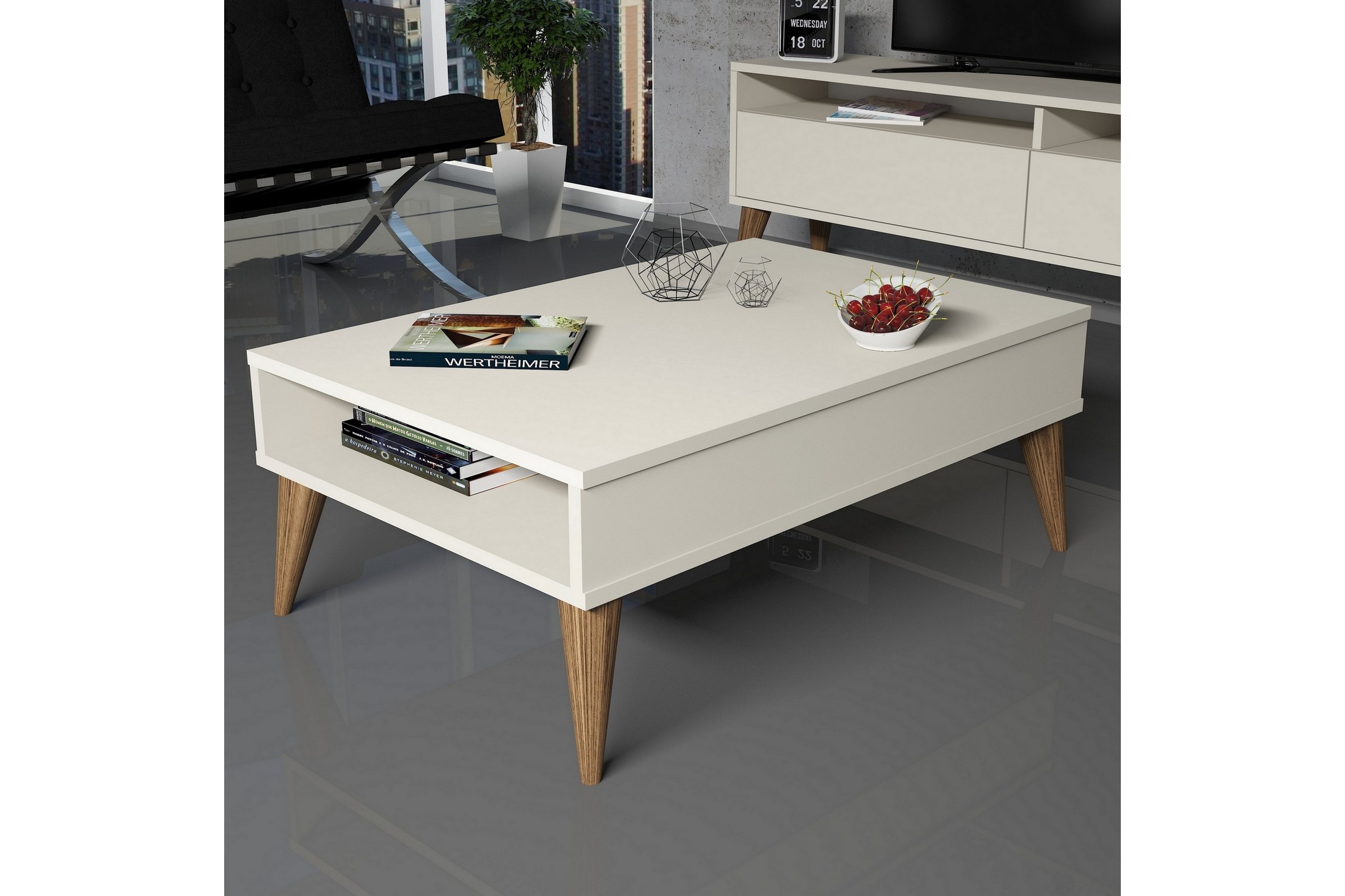 Soffbord Nyarai 90 cm med Förvaring Hylla Krämvit/Natur