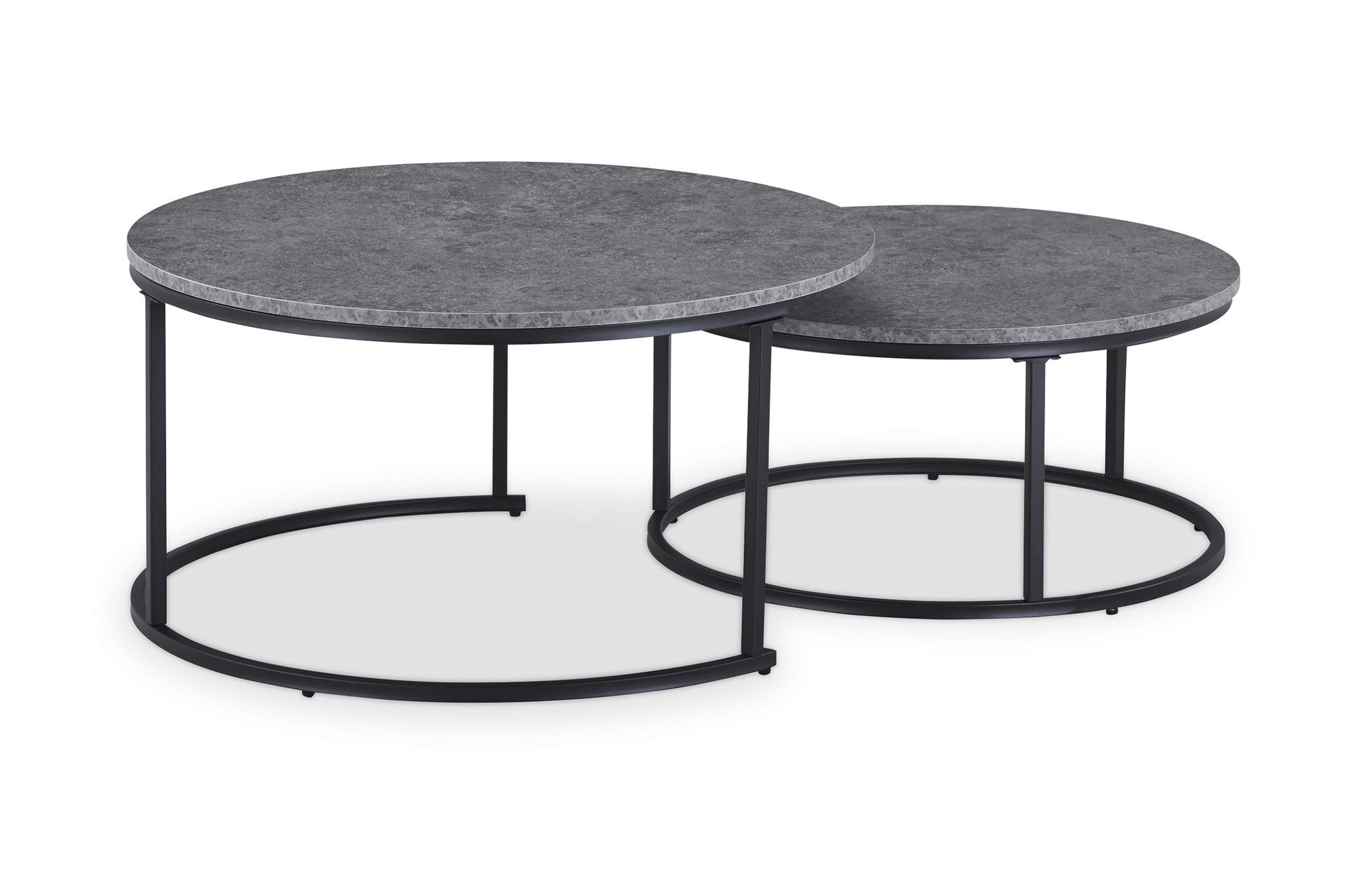 Thyra Runt Satsbord - 2 soffbord 90 och 75 cm med Stenutseende och Metallben - Gr&aring;Svart