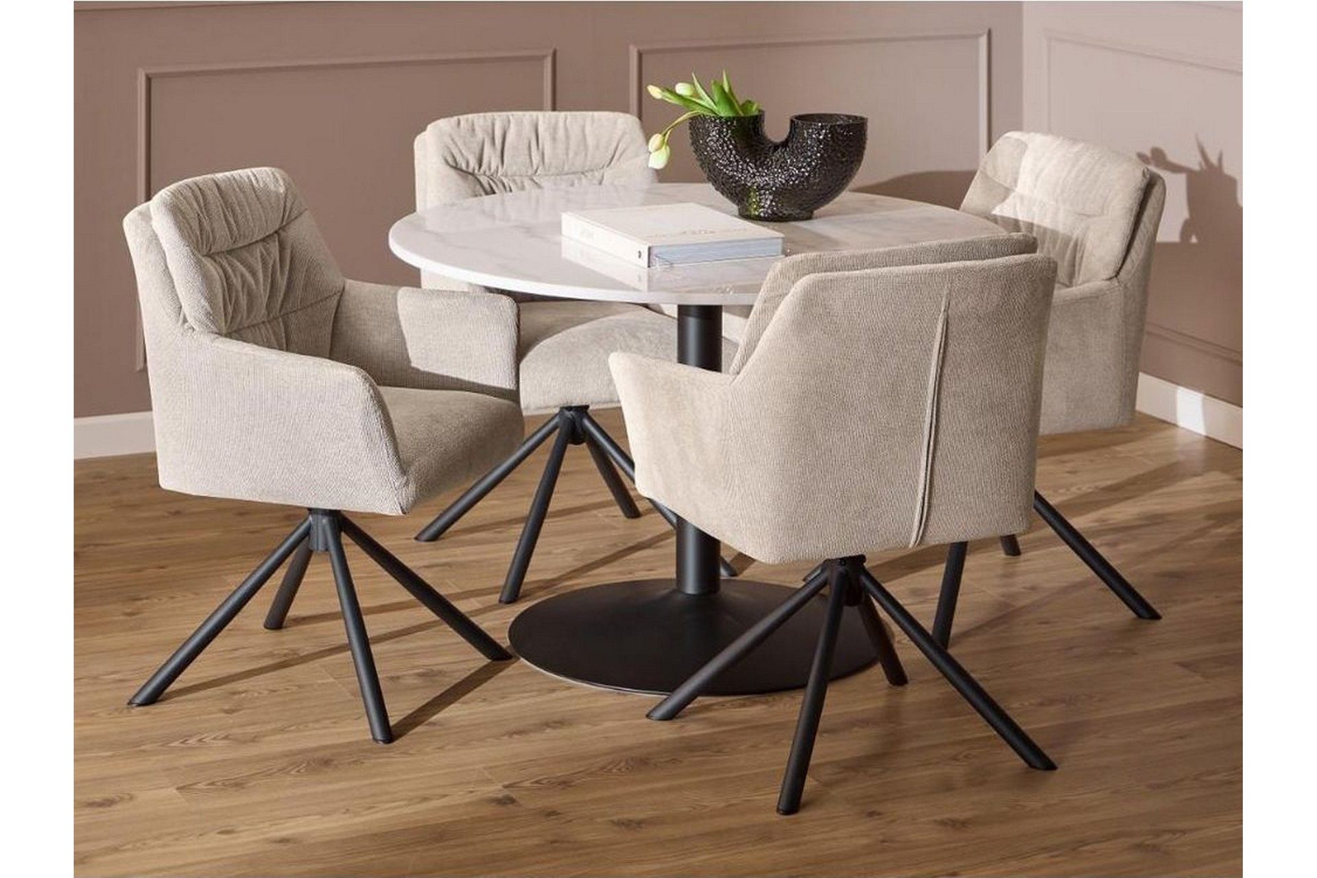 Stabby Matgrupp Rund 110 cm + 4 st Matstolar - Svart/Vit/Beige