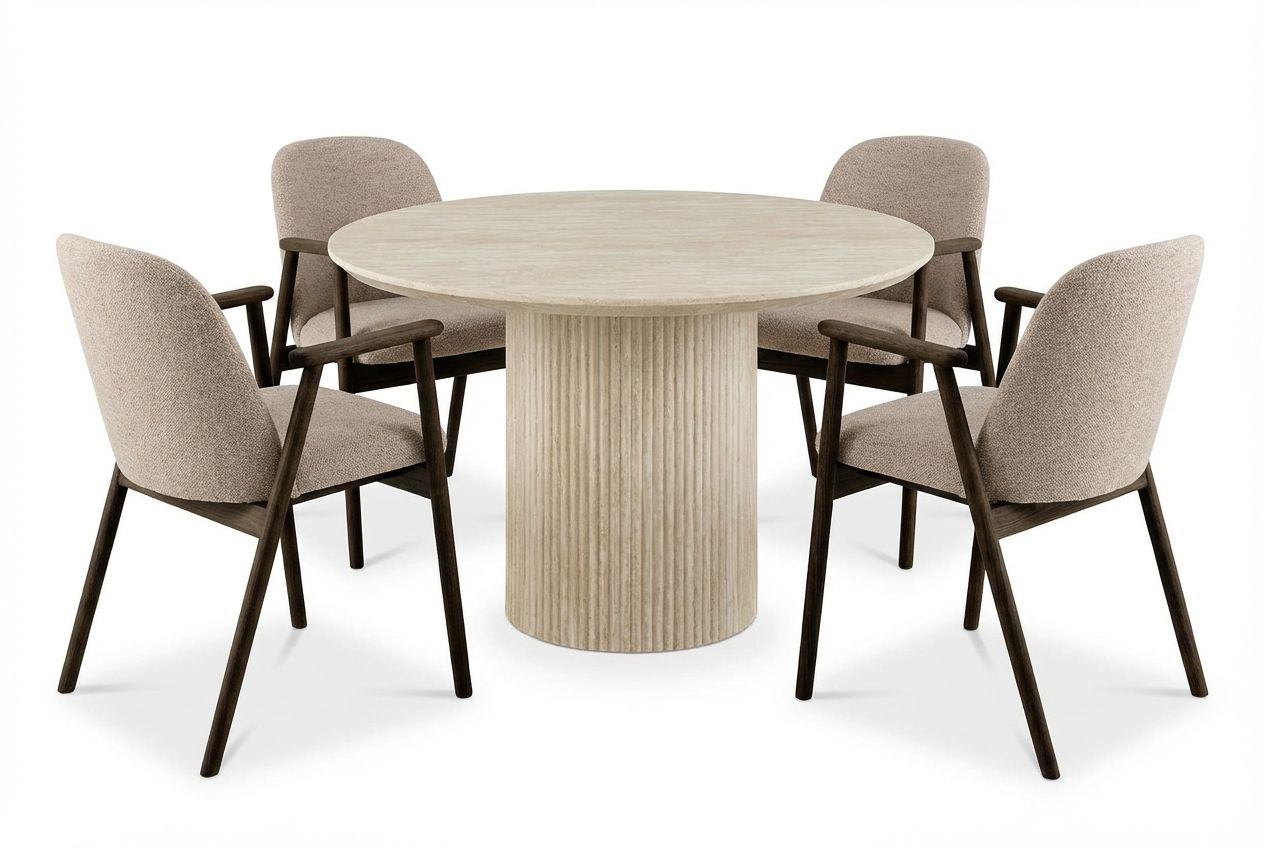 Uppveda Matbord Runt 120 cm Travertin med 4 Reciclar Matstolar - Travertin/Greige