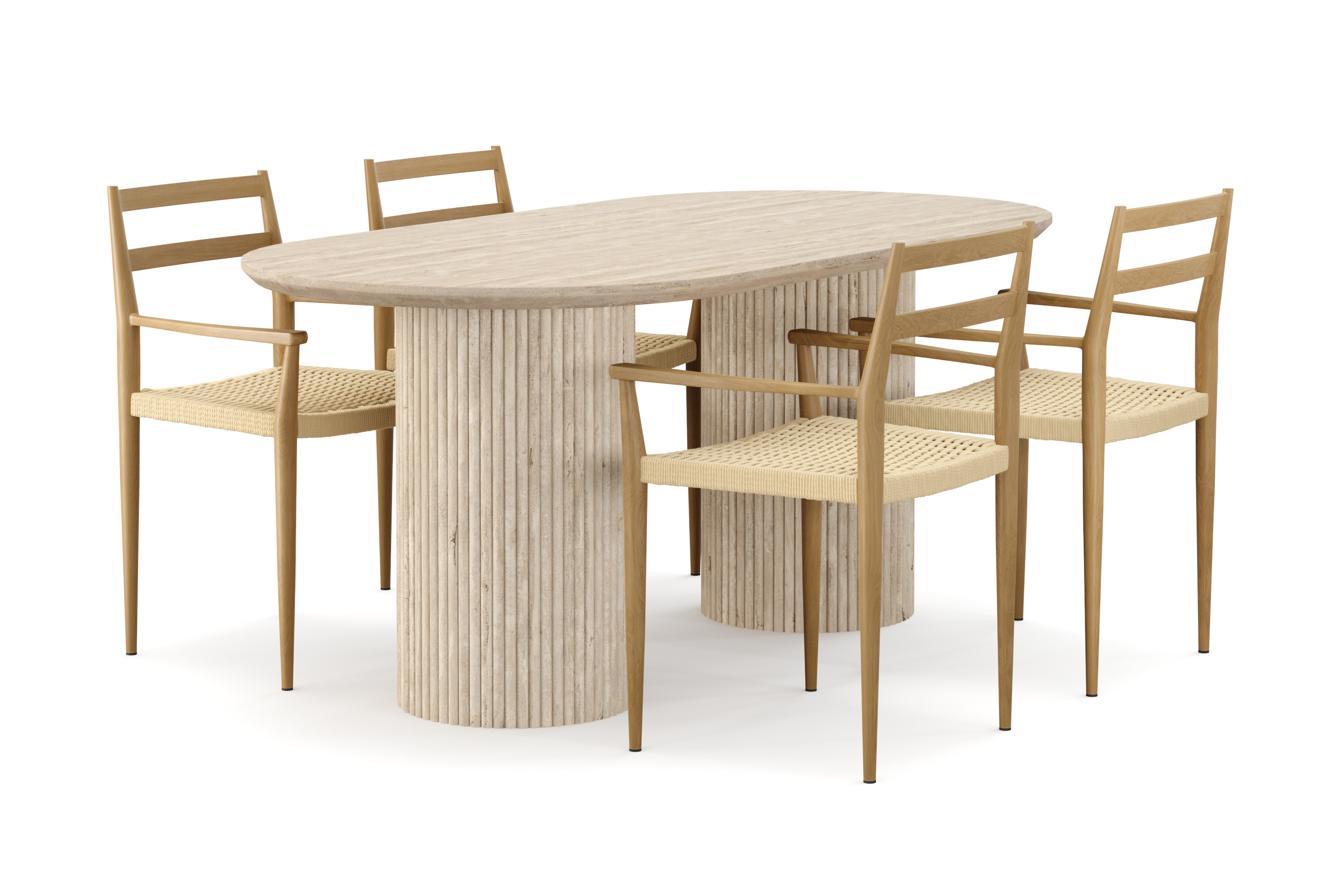 uppveda matbord travetin utseende med 4 st jamna karmstolar - beige