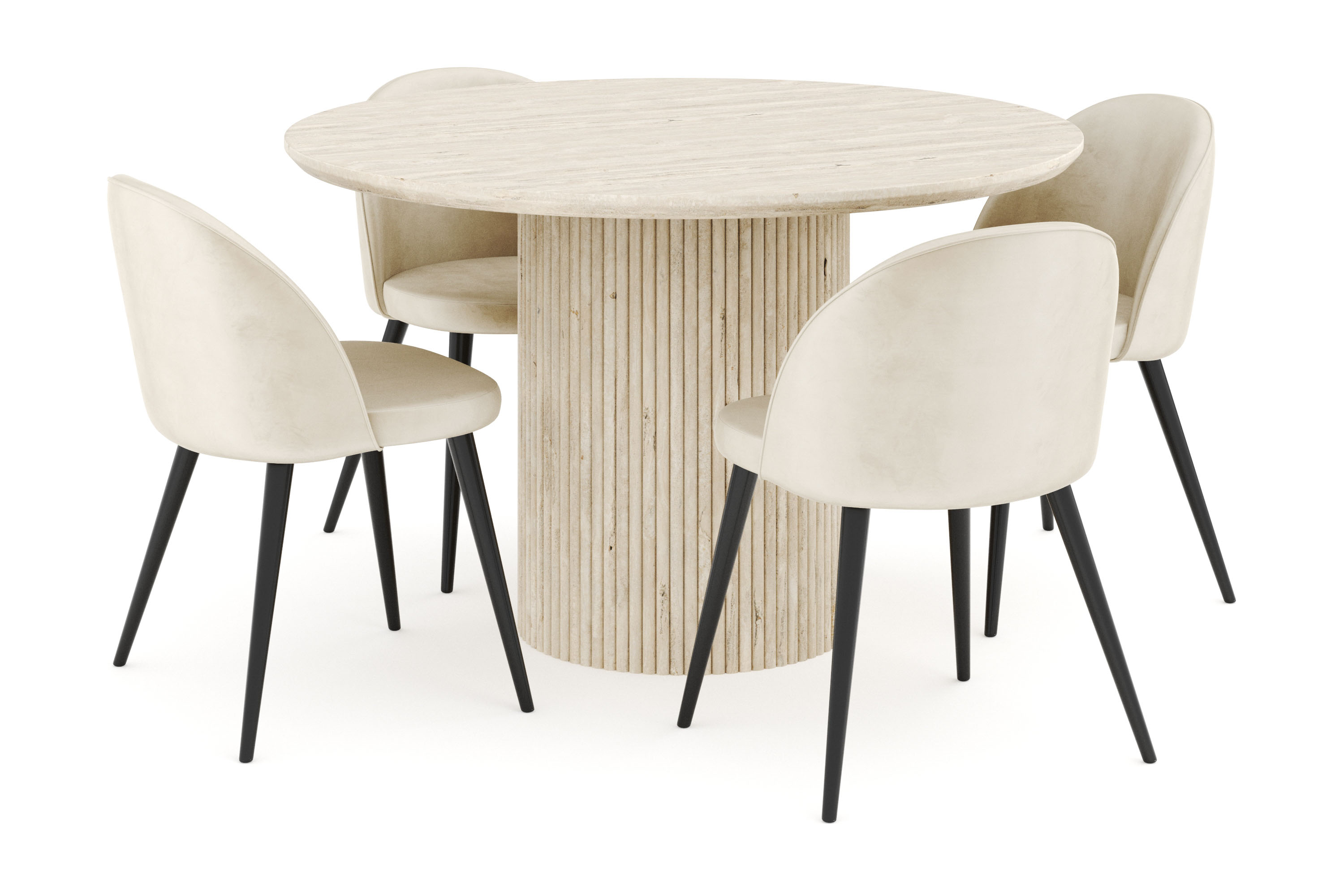 uppveda matgrupp 120 cm rund med 4 valeri sammetsstolar - travetin