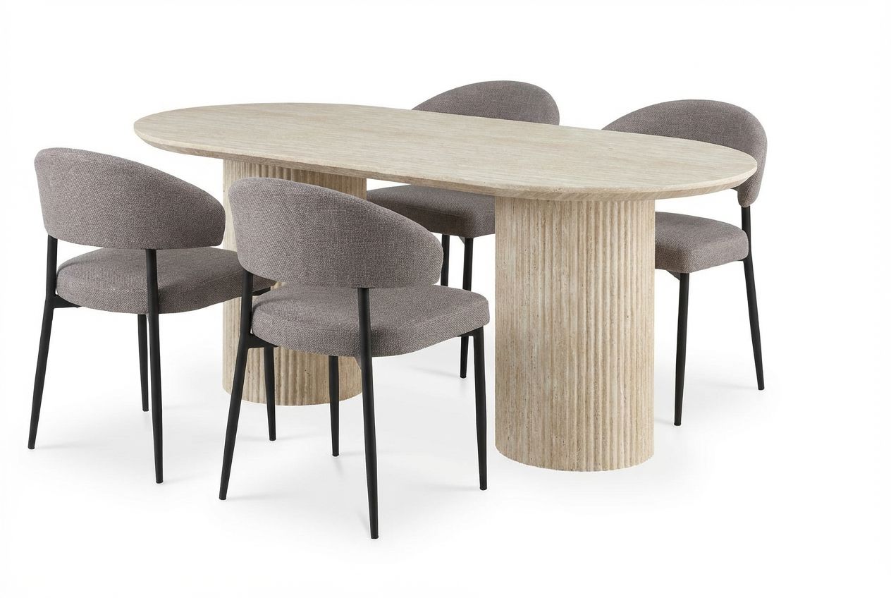 Uppveda Ovalt Matbord 180x90 cm med 4 Sawako Greige Stolar - Travertin/Greige