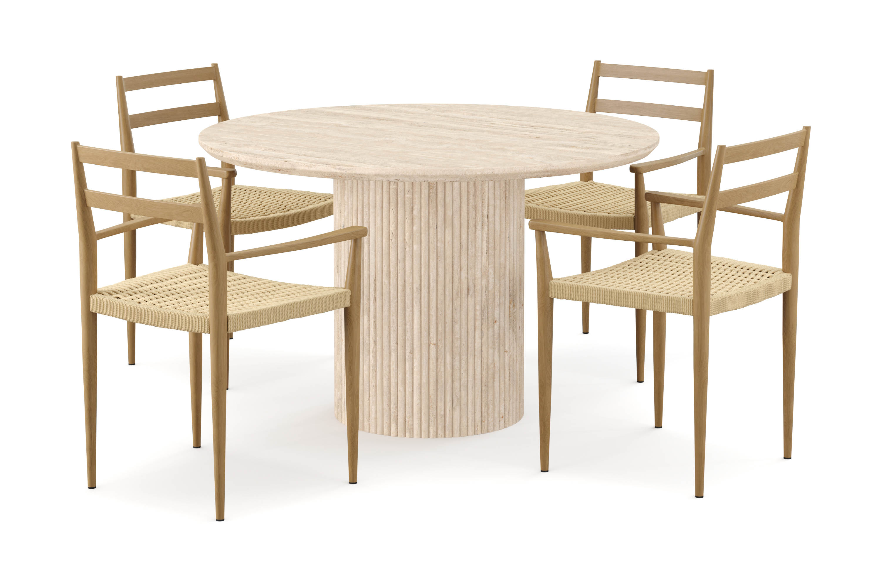 uppveda runt matbord 120cm travetin utseende med 4 st jamna karmstolar - beige